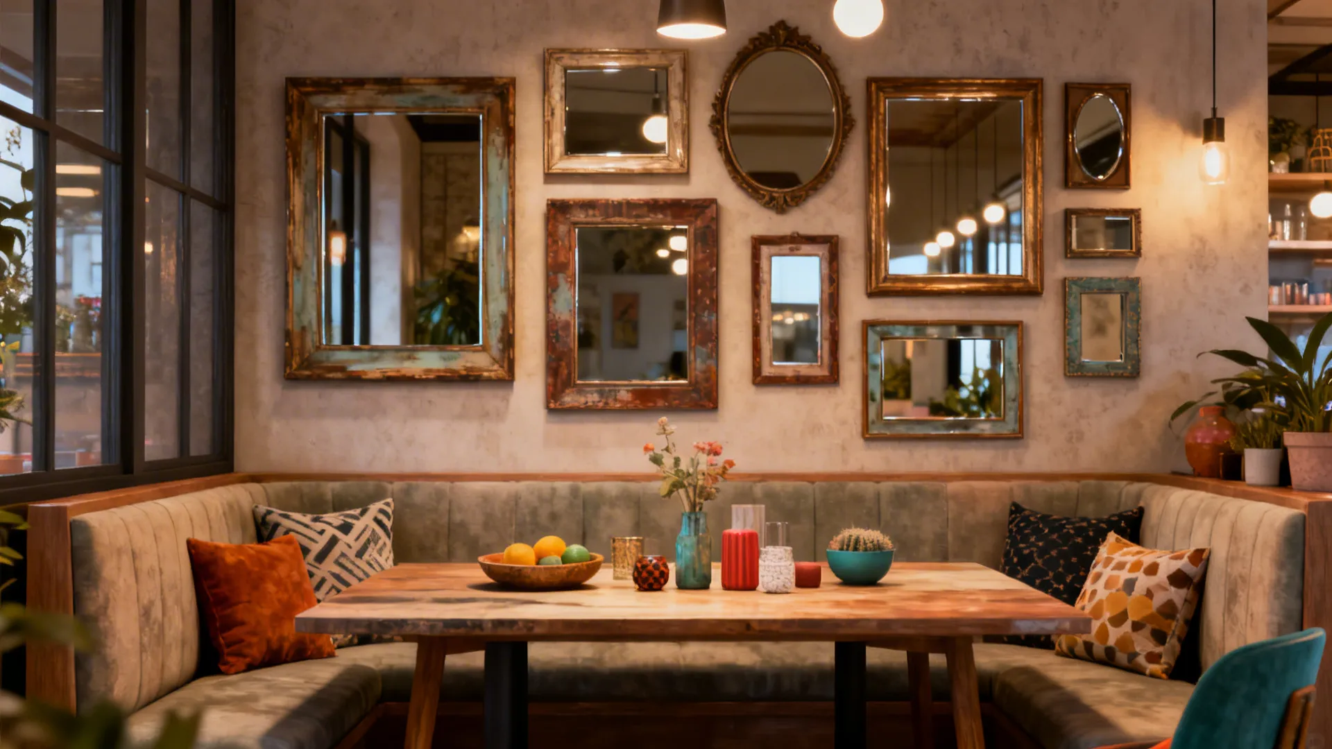 Dining room wall with many different mirrors above a wooden table and green seating booth