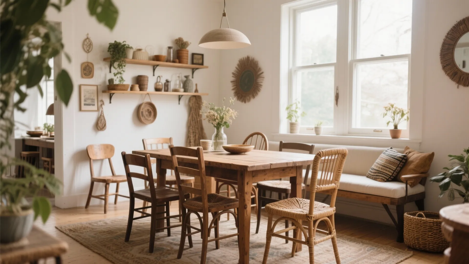 Bright dining area with wooden table mismatched chairs white bench and ceiling light near the window