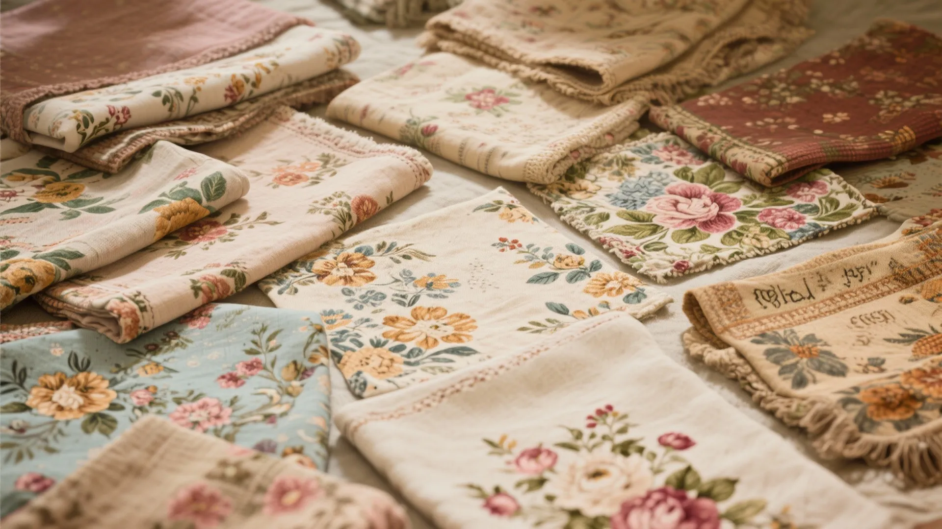 Assorted floral patterned fabrics in pastel tones