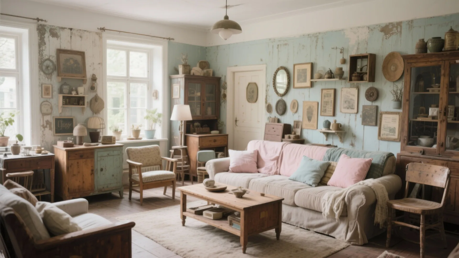 Shabby chic living room with mixed vintage wooden furniture and pastel cushions