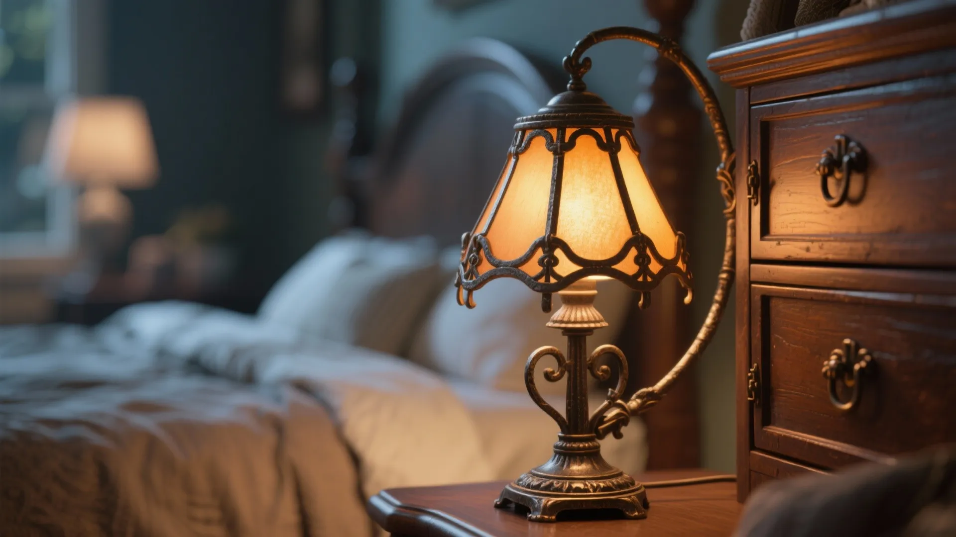 Close-up of wrought iron lamp casting warm light