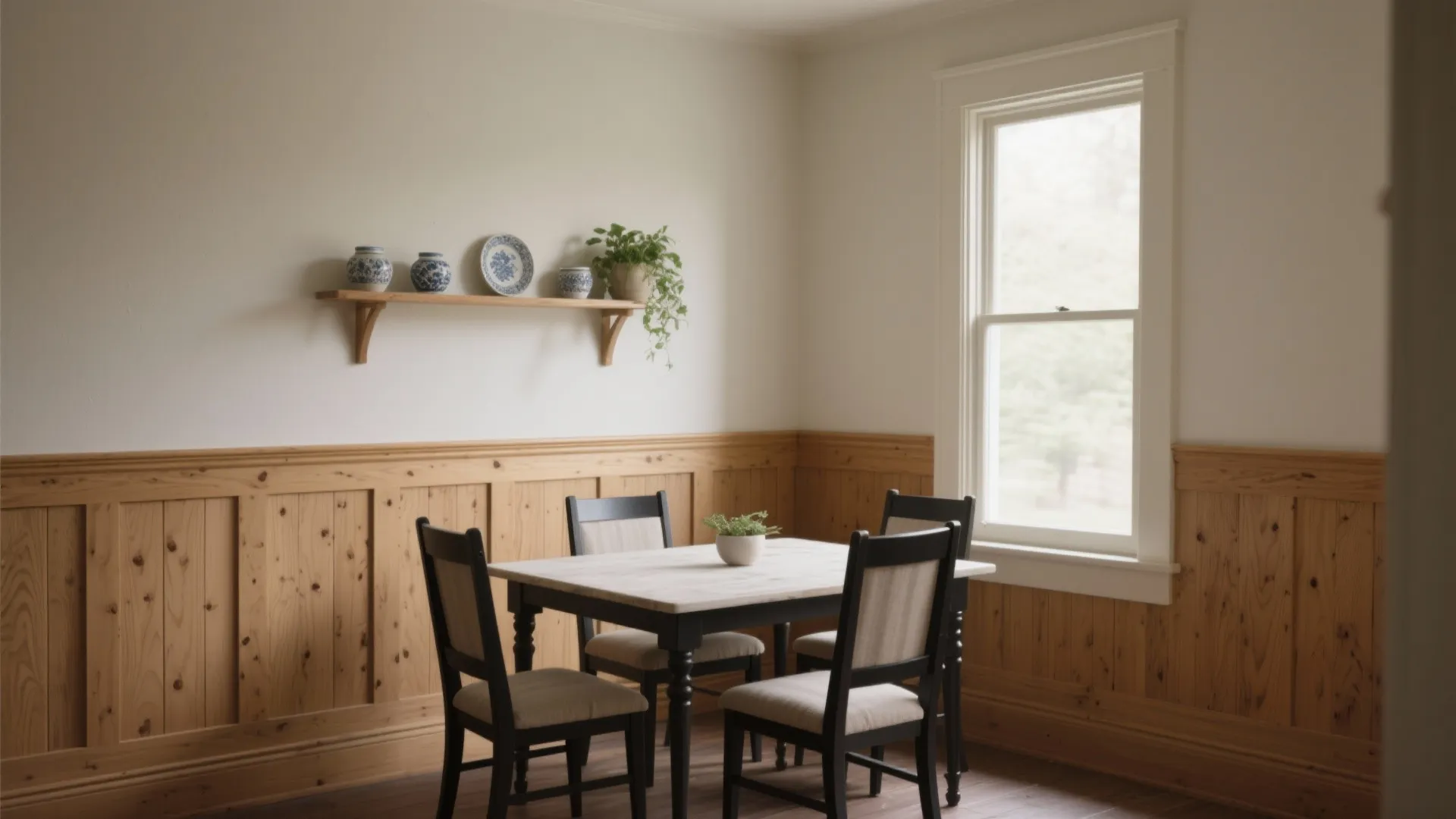 Dining room with wood wall panel wooden table four chairs wall shelf and one large window