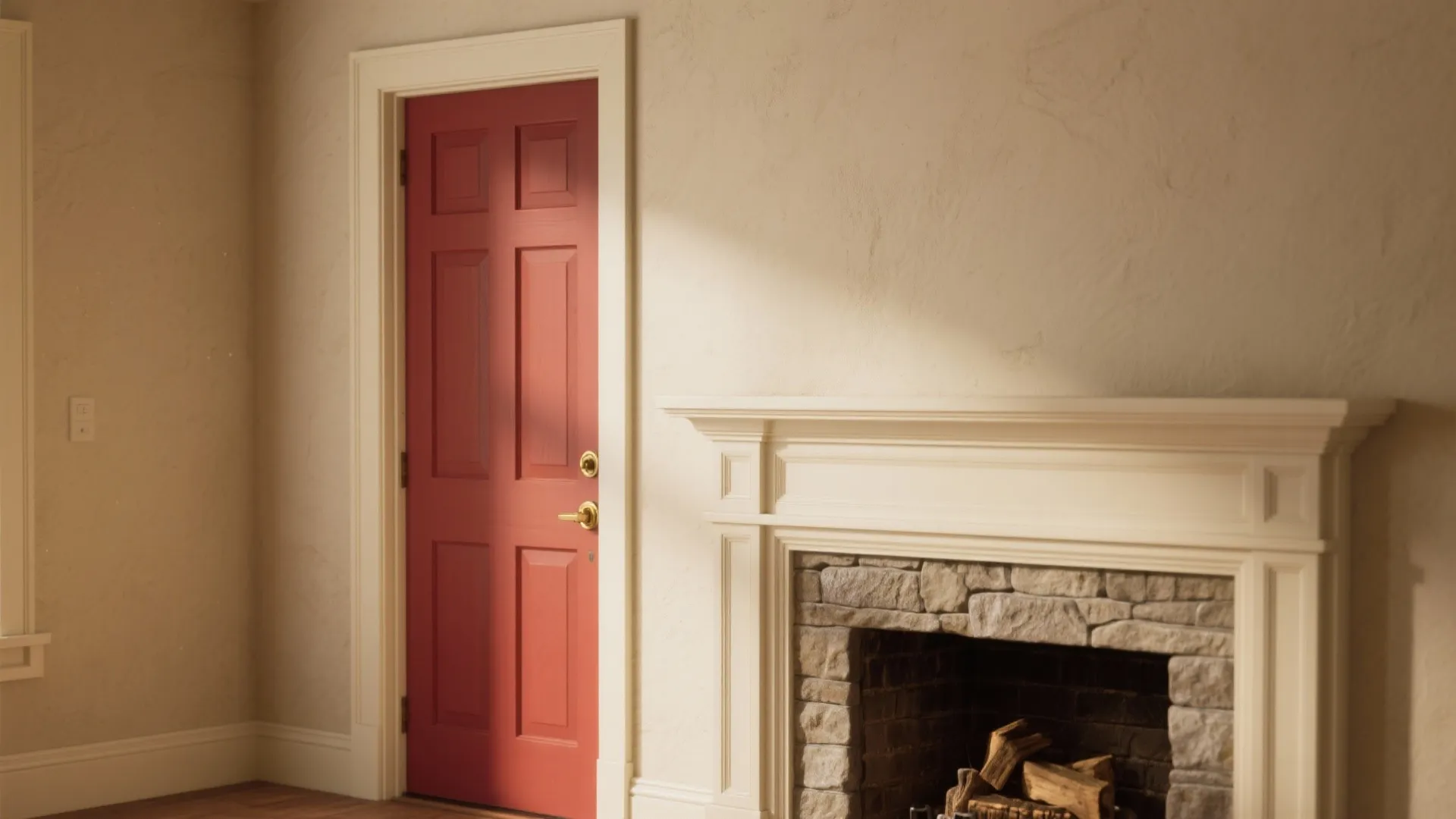 Classic red interior door next to a white fireplace with stone details and cream colored walls