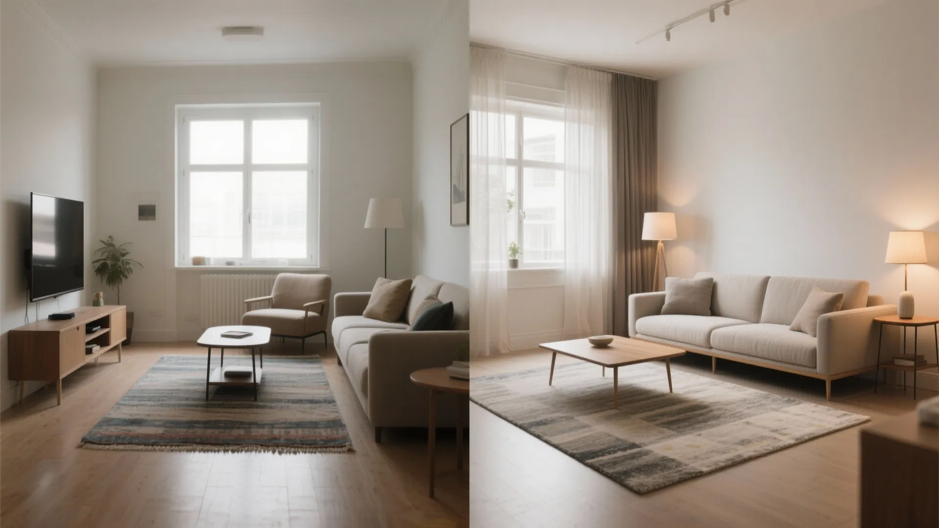 Side by side comparison showing living room layout improvements with warm lighting and better furniture