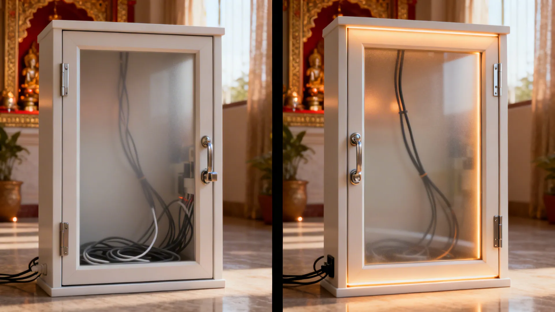 Before and after comparison showing a white wall cabinet with frosted glass and warm interior lighting