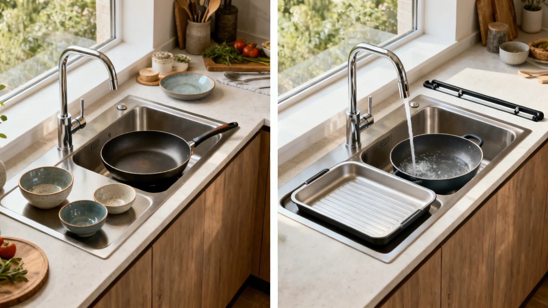 Before-and-after showing a cramped double sink setup corrected with better bowl size and faucet reach.