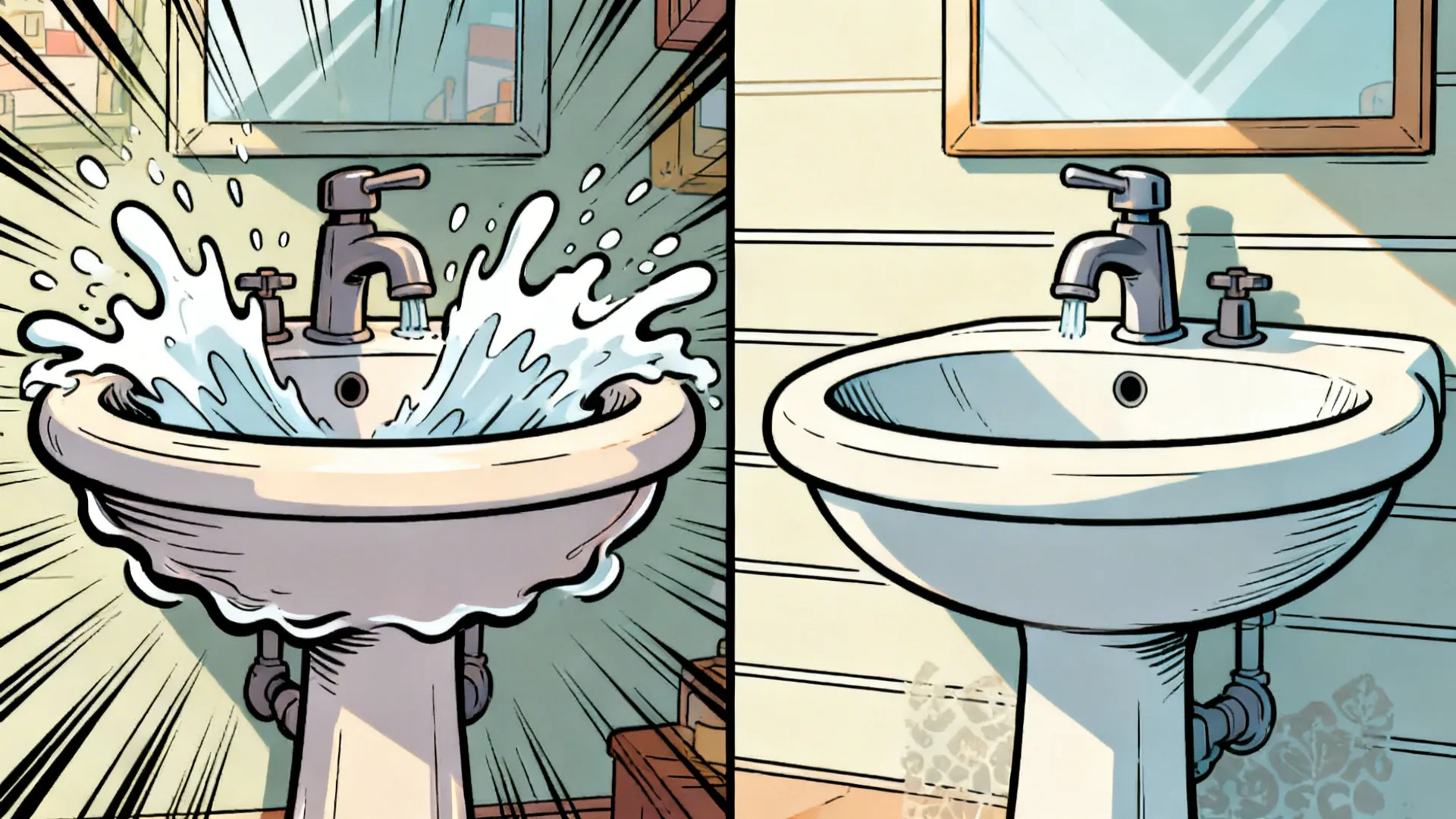 Before-and-after cartoon sink comparison showing messy versus clean line control and backgrounds.