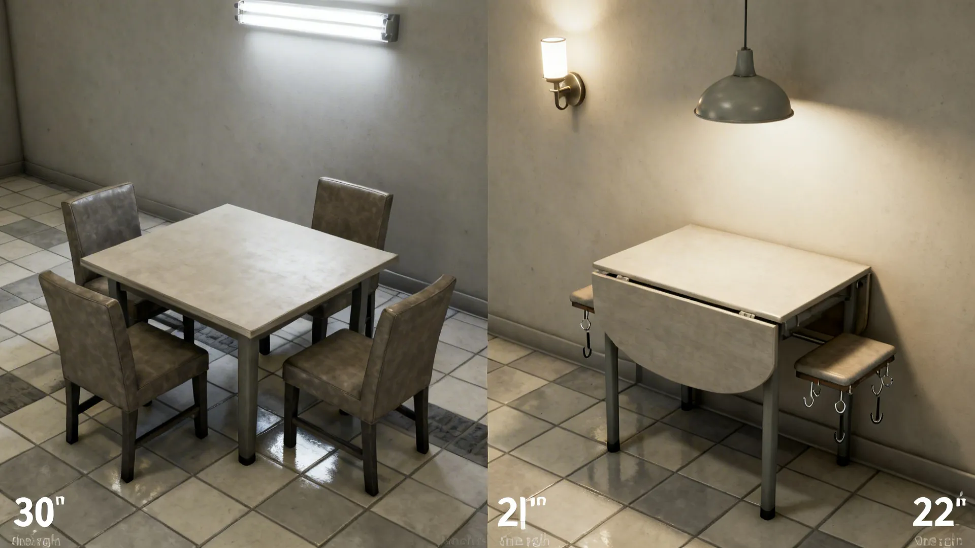 Top-down comparison of cramped vs. well-planned small kitchen table layouts.