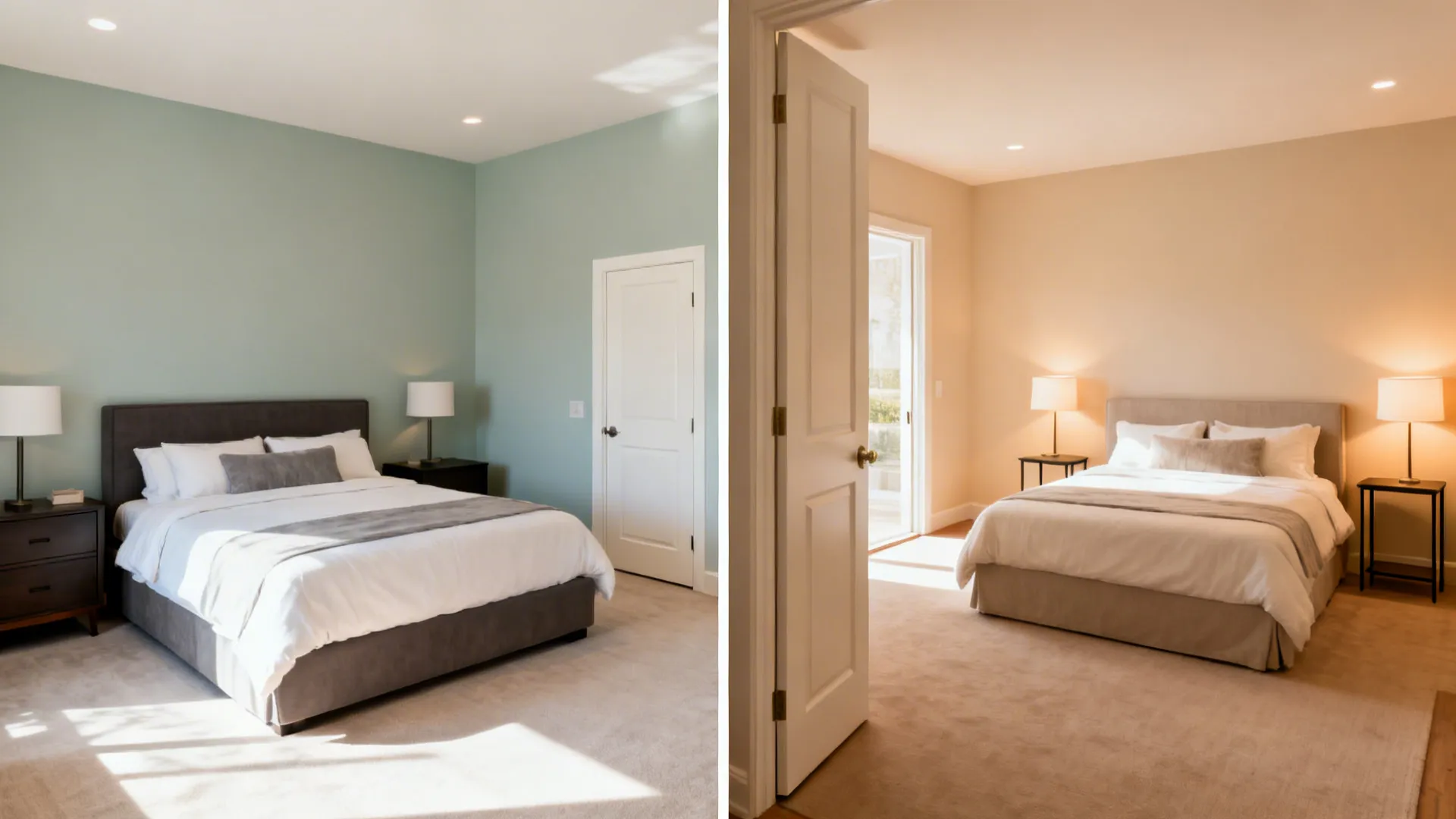 Before-and-after view of a cluttered 13x13 bedroom corrected with right-sized furniture and sliders.