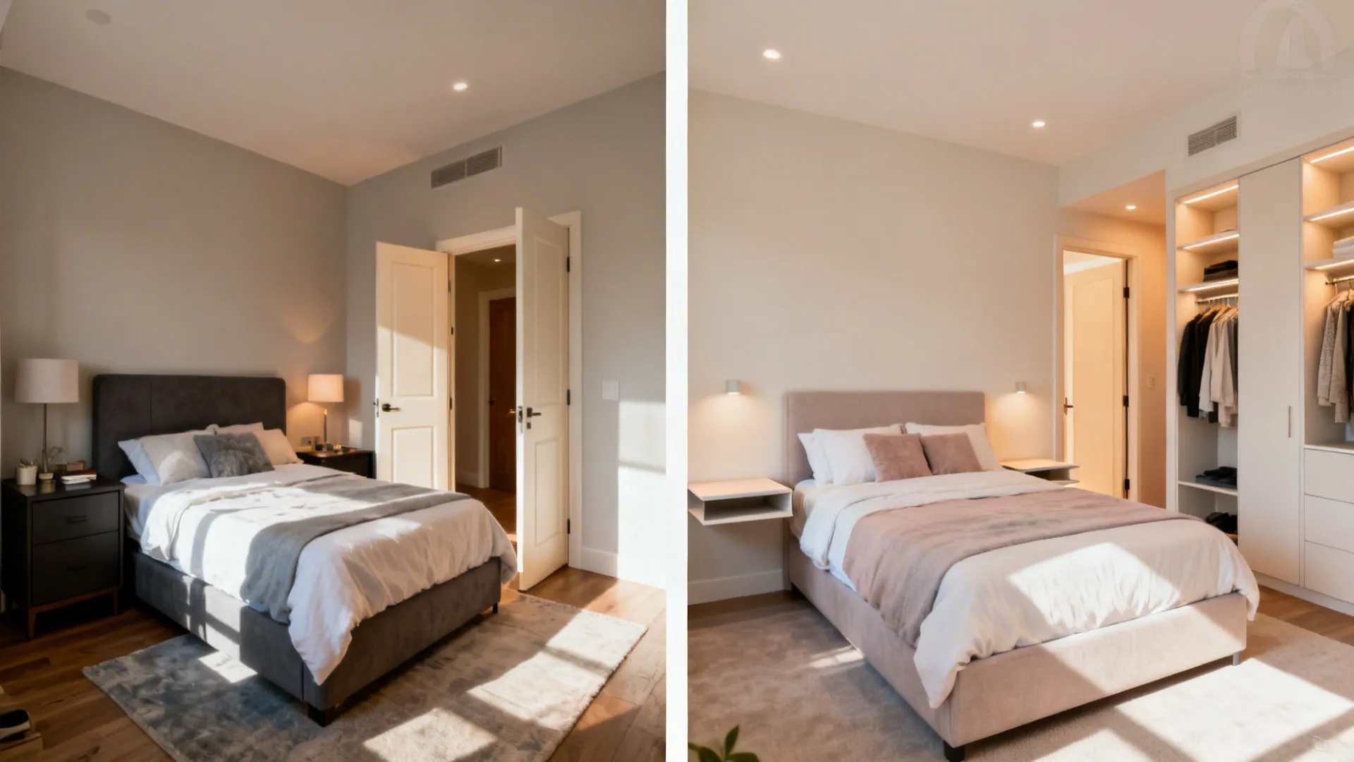 Side by side comparison of a dark bedroom and a bright bedroom with lit wall closet