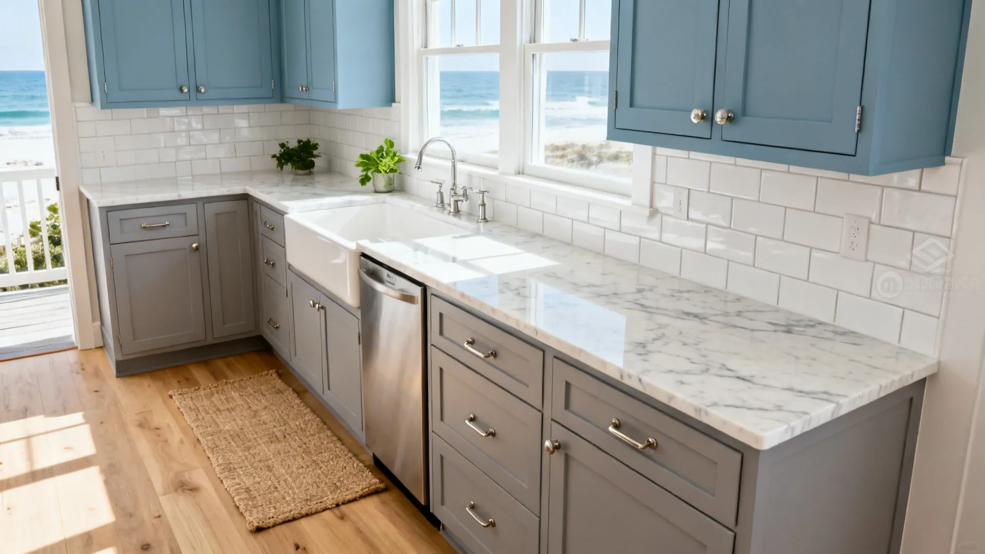 4) Calm Coastal: Mist Blue Uppers + Soft Gray Lowers