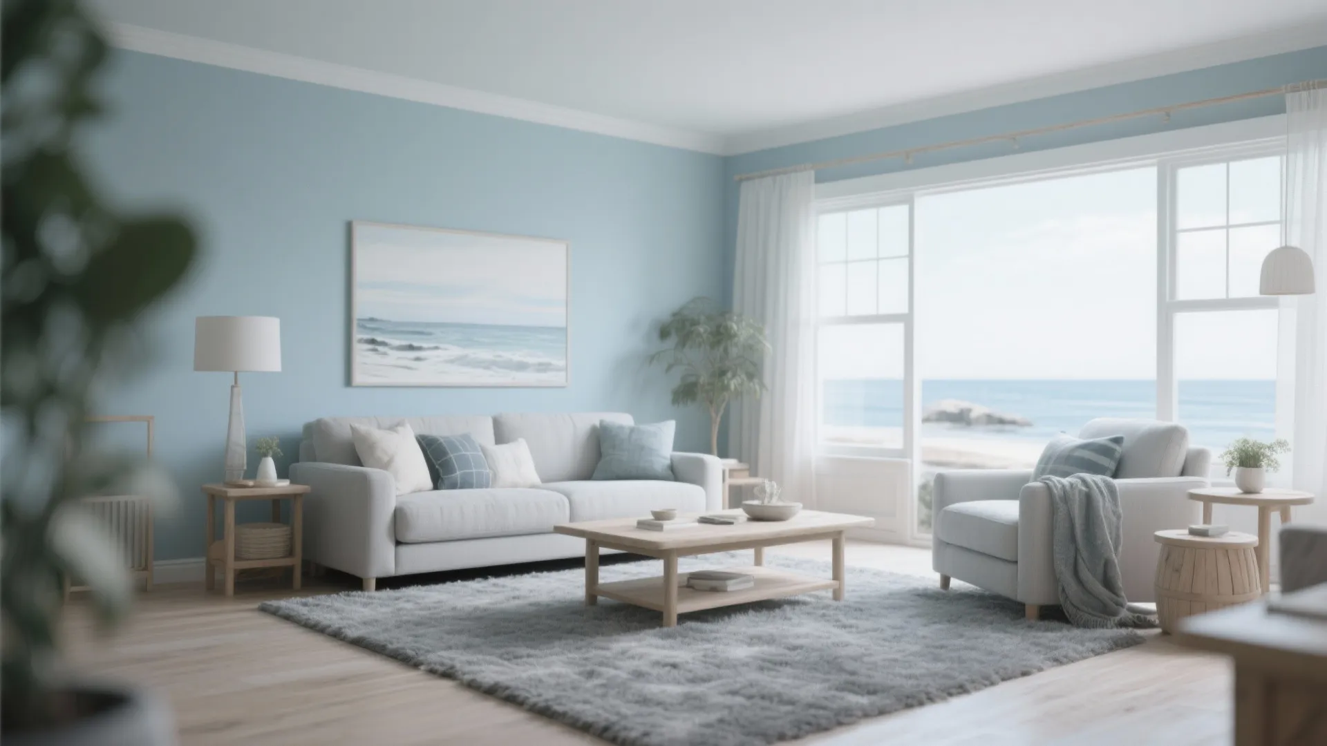 Living room with misty blue walls and grey carpet