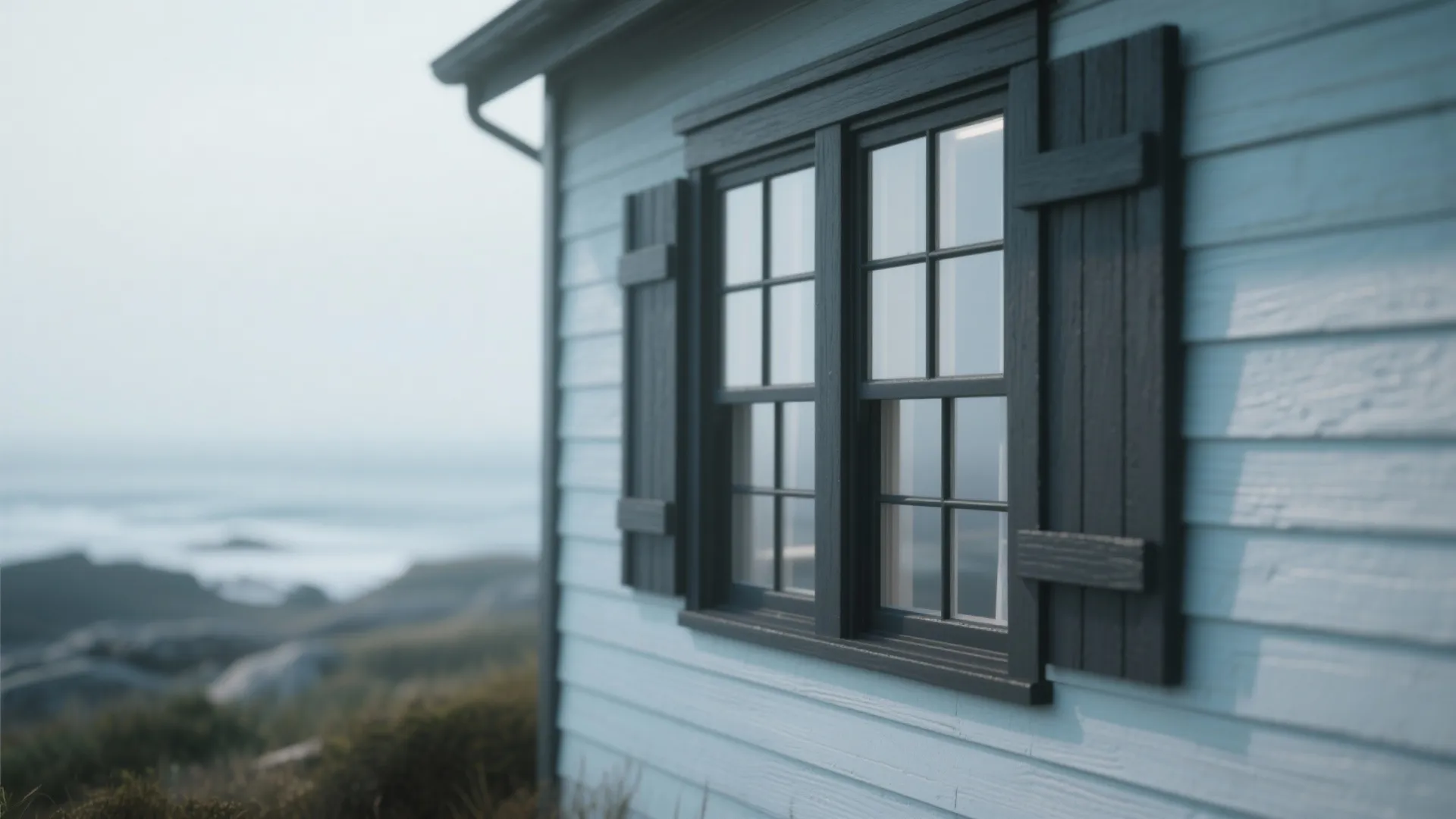 Close up of black windows on light blue wood wall facing the sea and coast