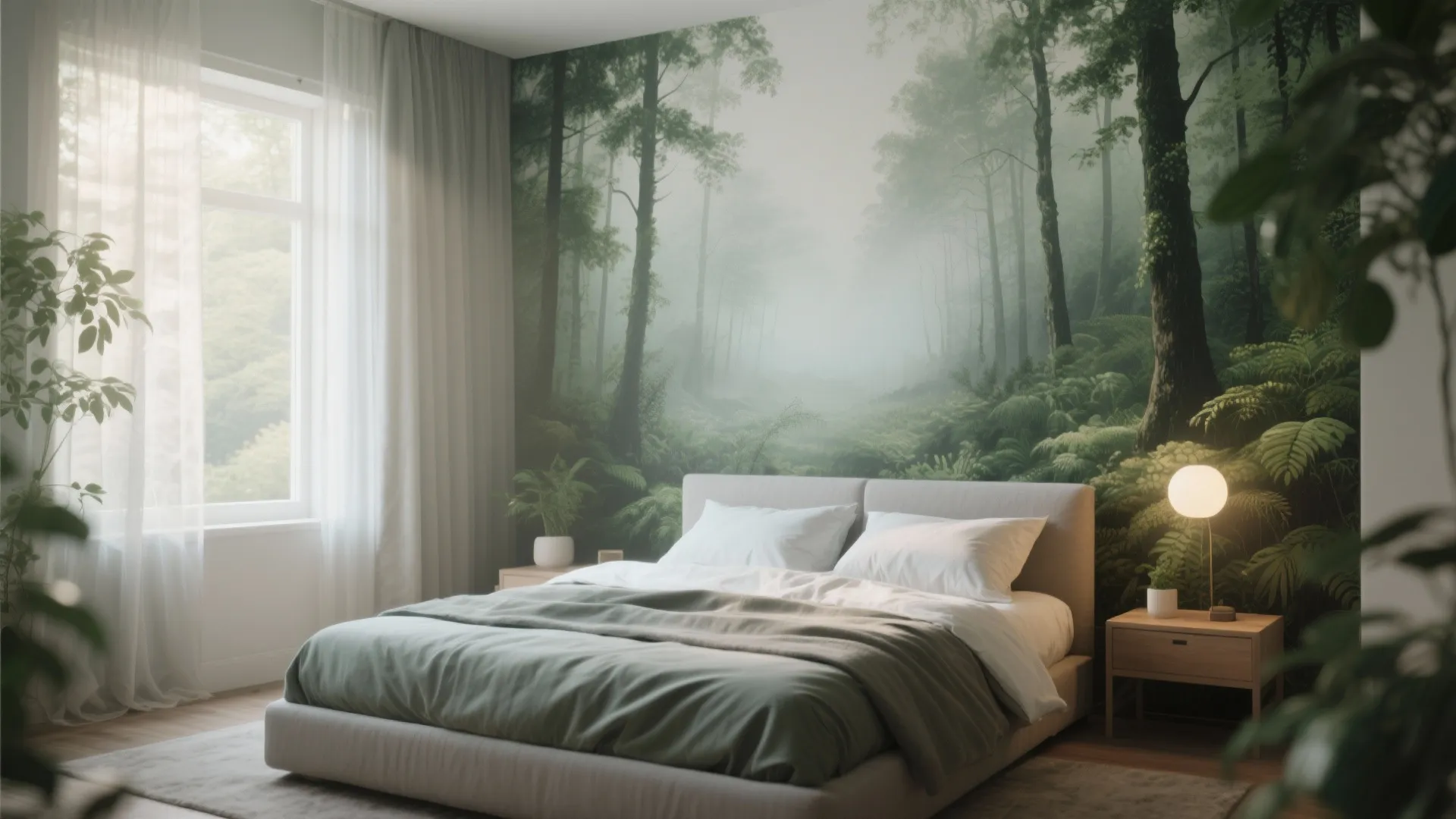 Cozy bedroom featuring misty forest mural behind bed with white bedding and round bedside light