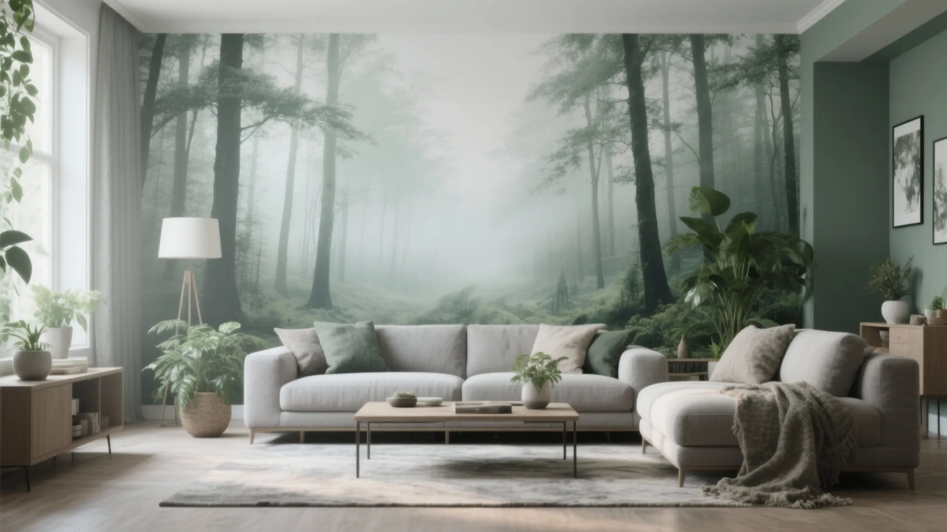 Living room with a misty forest mural and cozy furniture setup