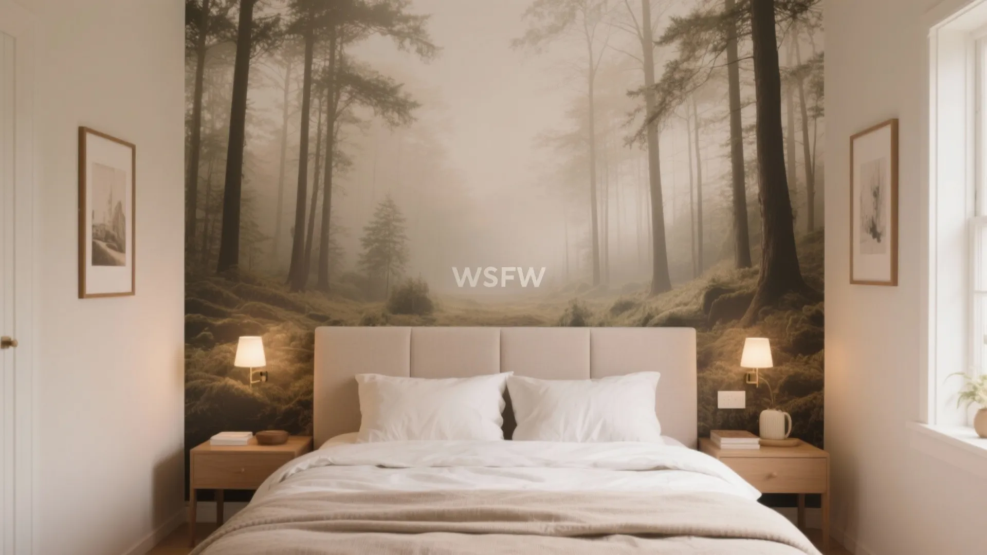 Modern bedroom with misty forest wall mural behind bed two side tables and warm lights