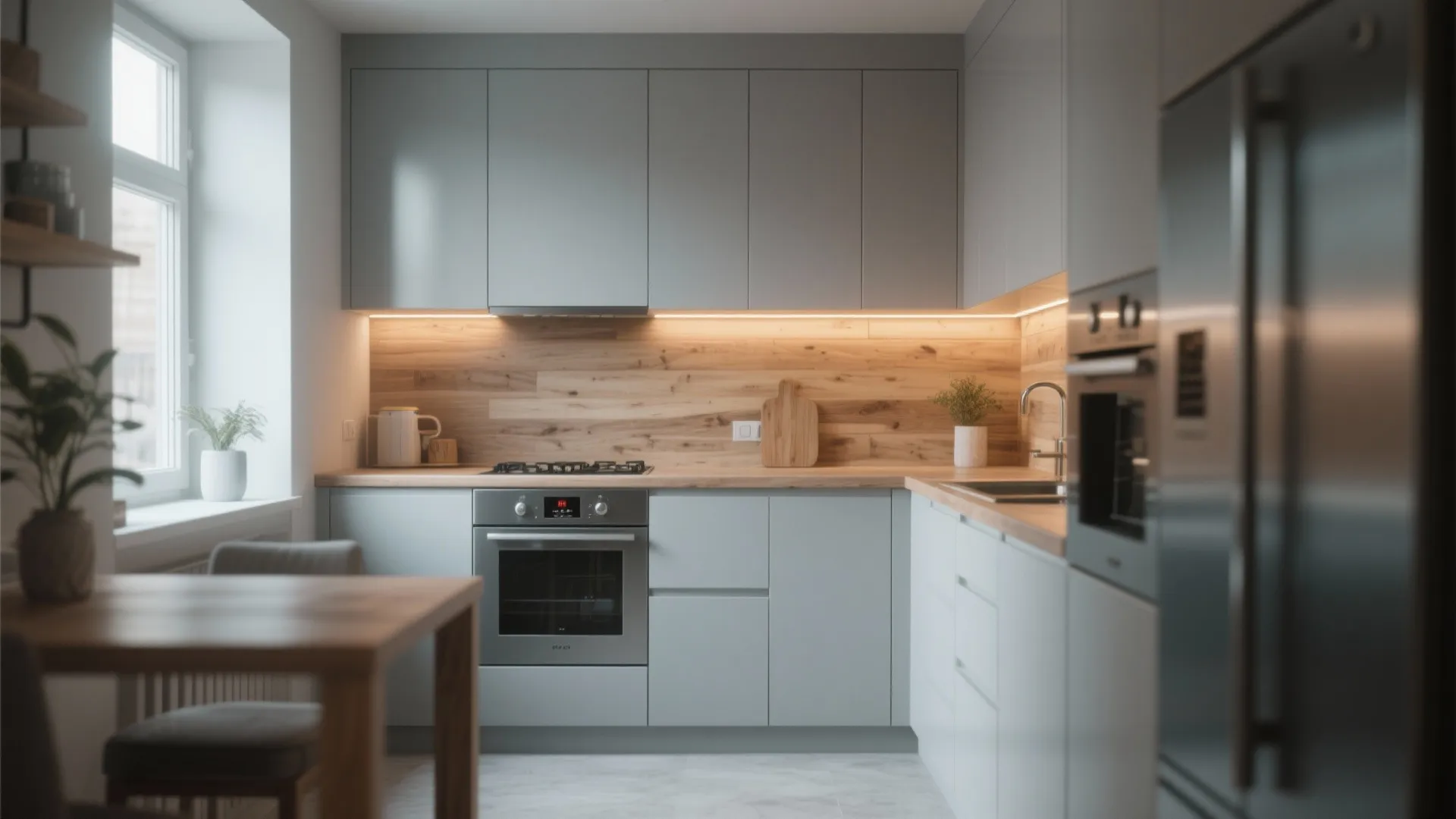 Minimalist grey kitchen with light wood backsplash built in oven and warm under cabinet lighting