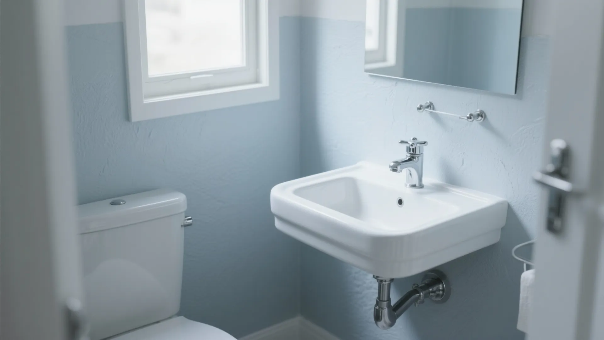 Pale misty gray bathroom with chrome fixtures