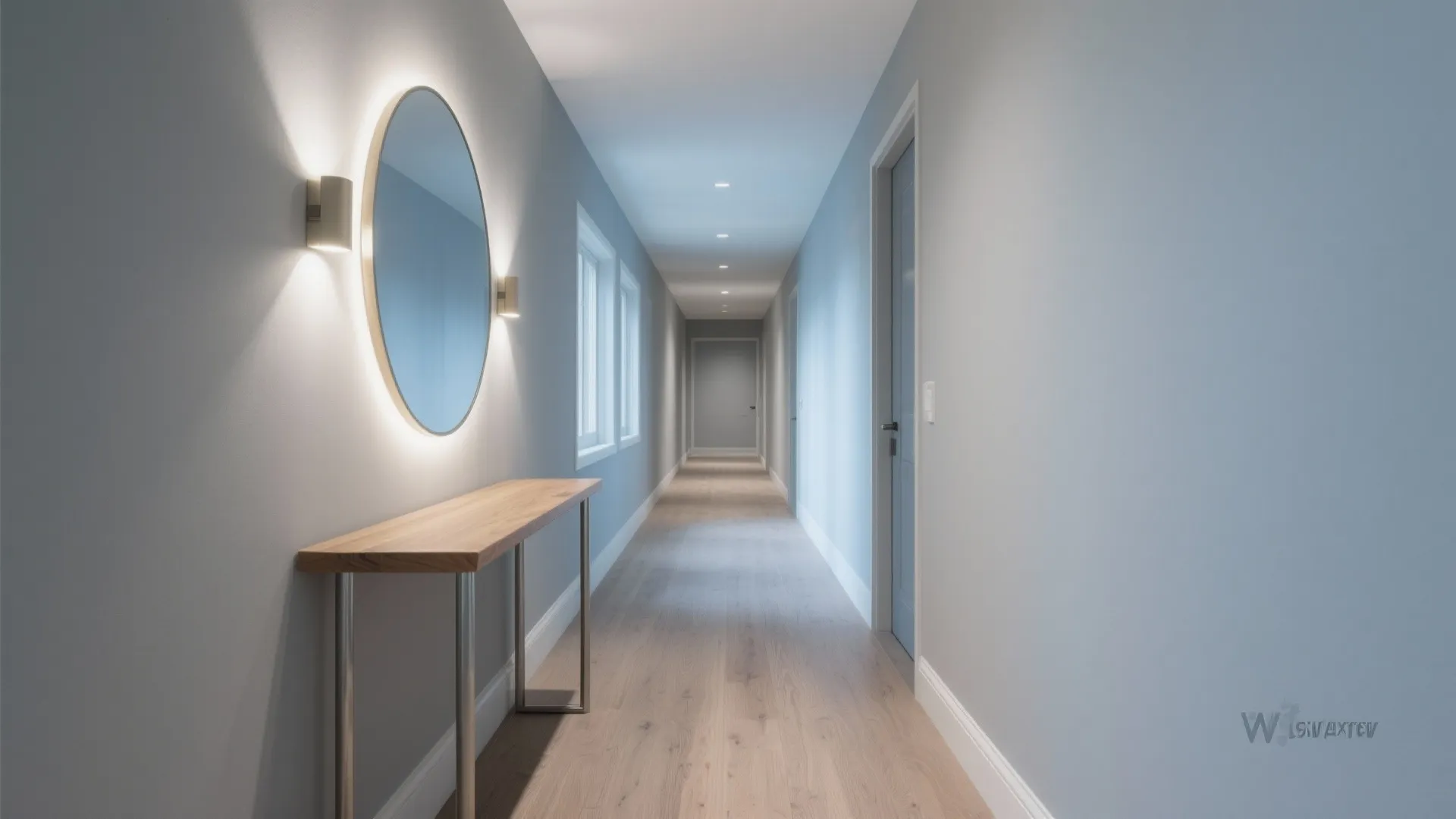 Long hallway with grey walls wooden floor round wall light and small wooden table with mirror