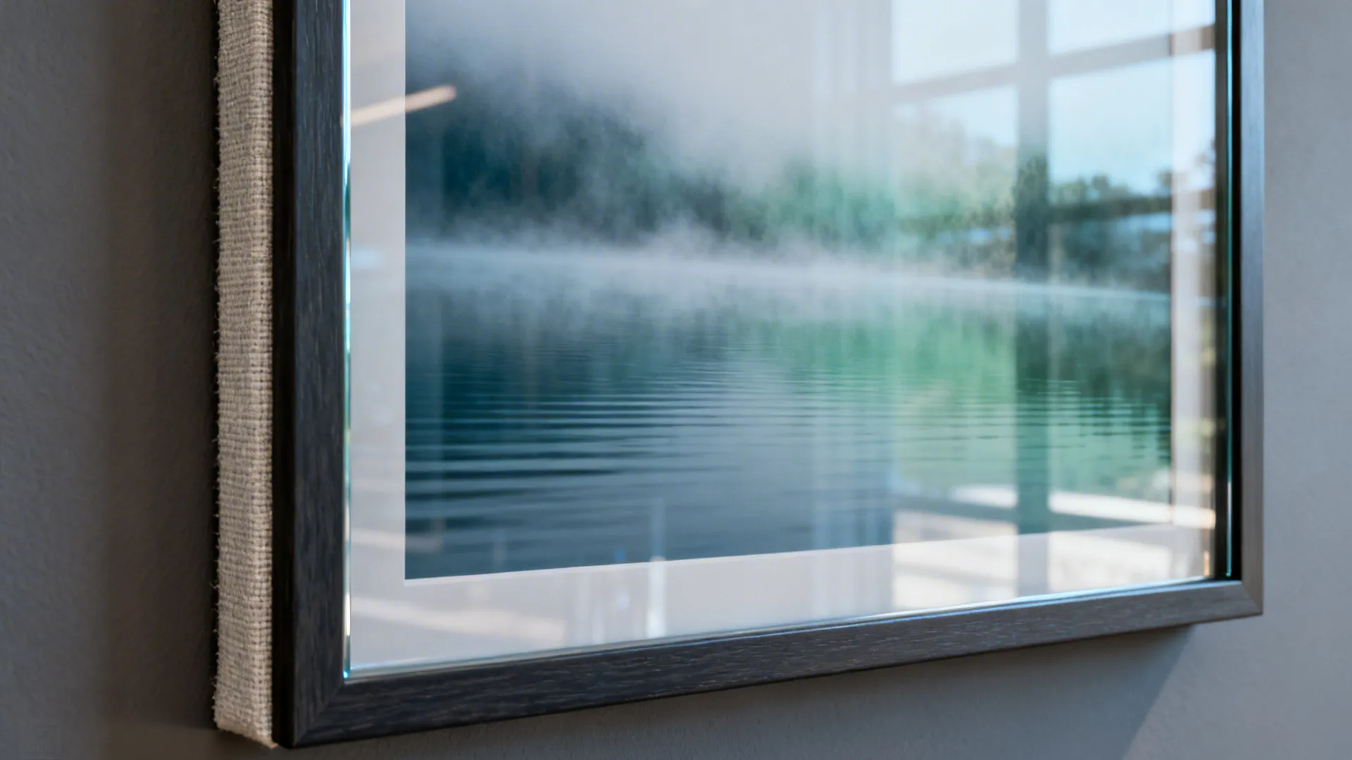 Close-up of a glass-framed misty lake print with soft horizontal composition.