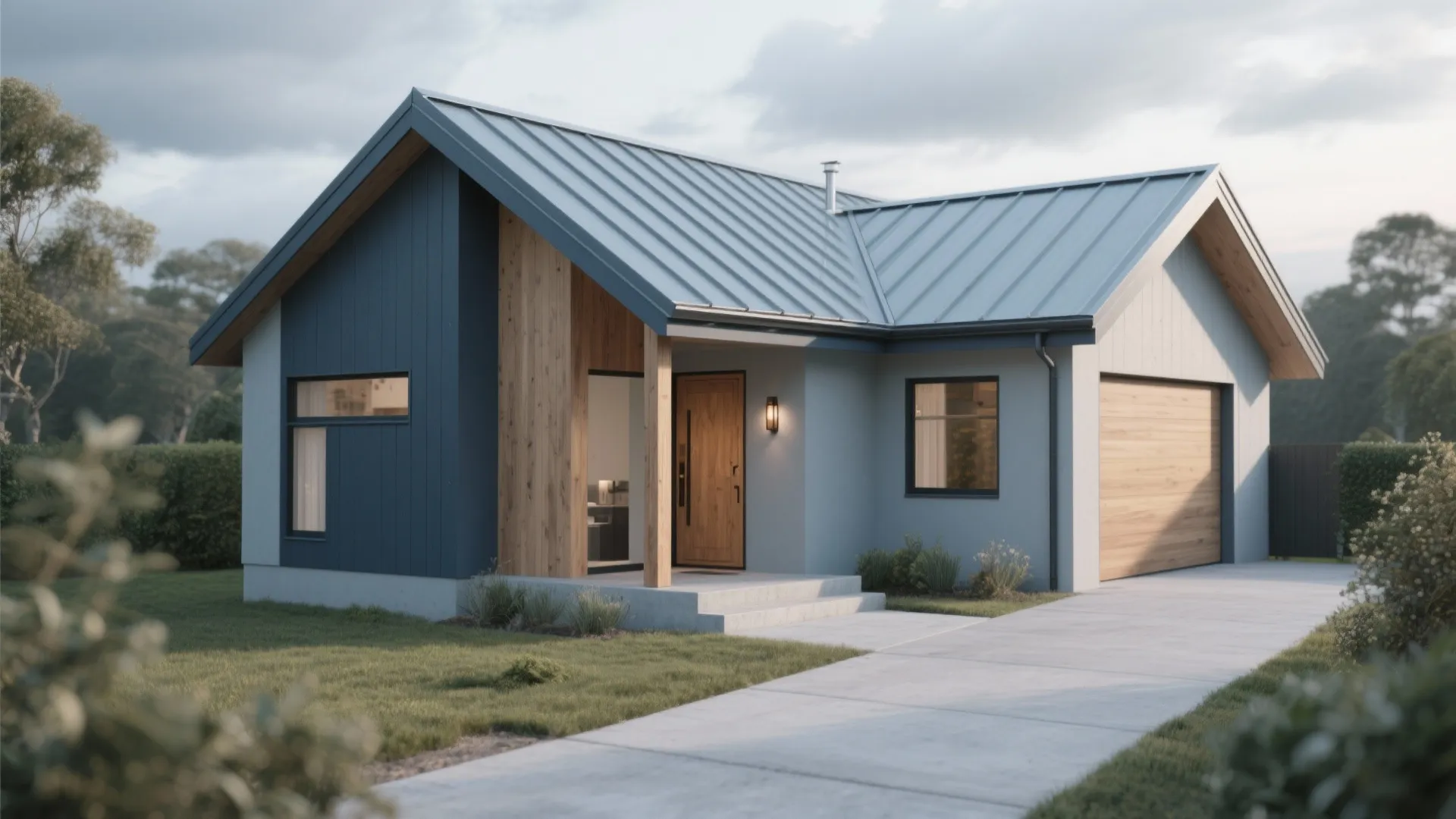 Modern blue and grey house with metal roof wooden garage door and clean concrete driveway
