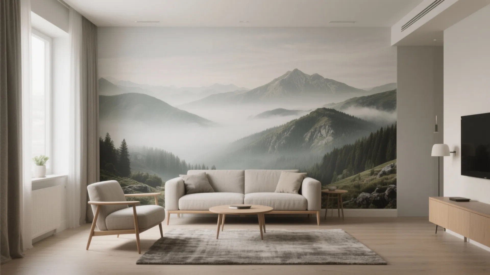 Modern living room featuring a mountain landscape wall mural white sofa and wooden coffee table