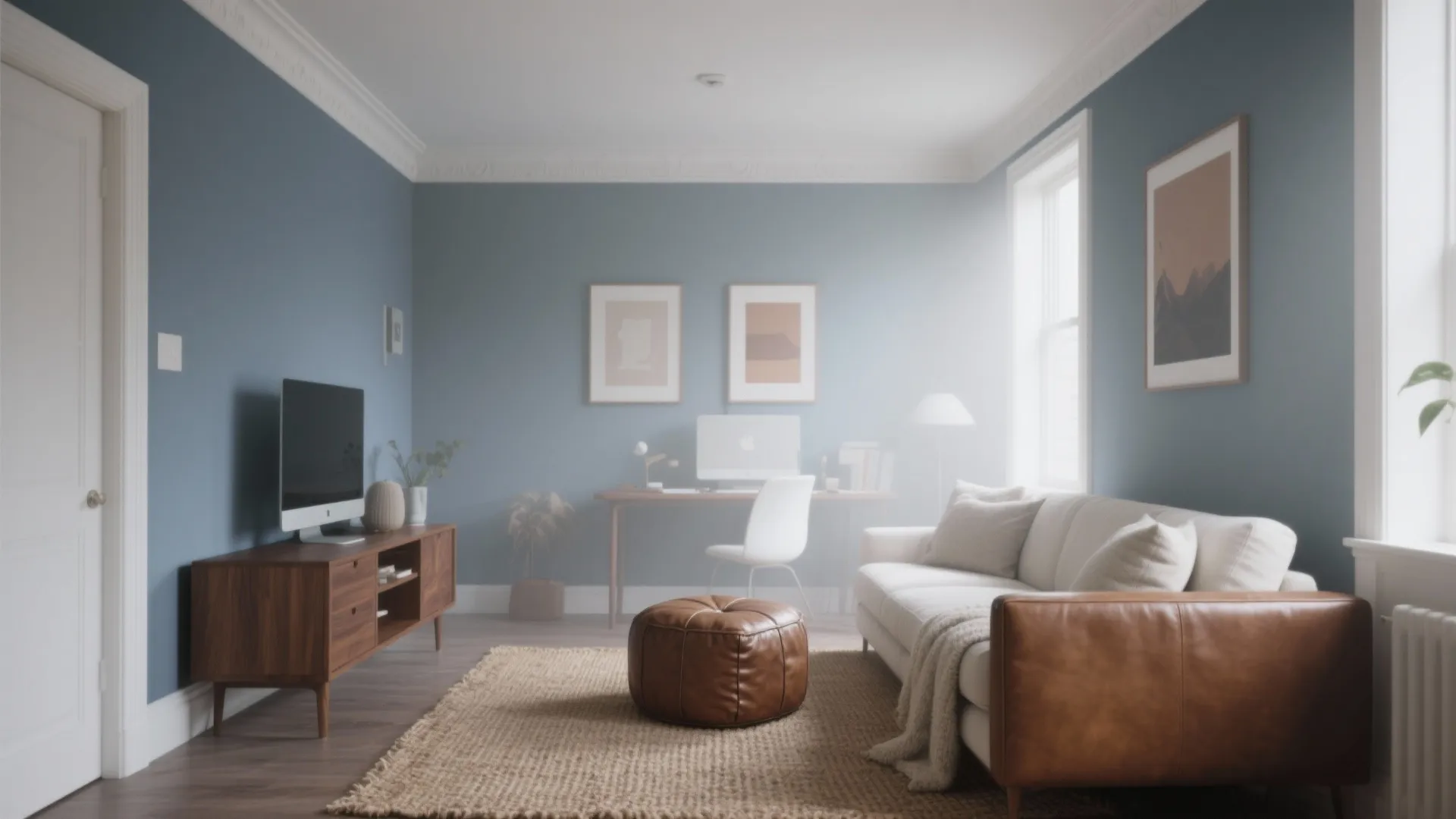 Living room with blue walls white sofa brown leather footrest wood cabinet desk and light
