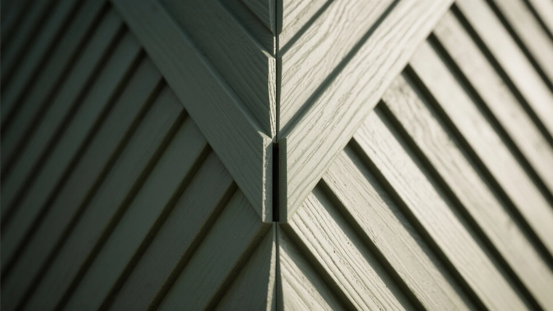 Close up of a wall panel corner with diagonal wooden slats showing light and shadow