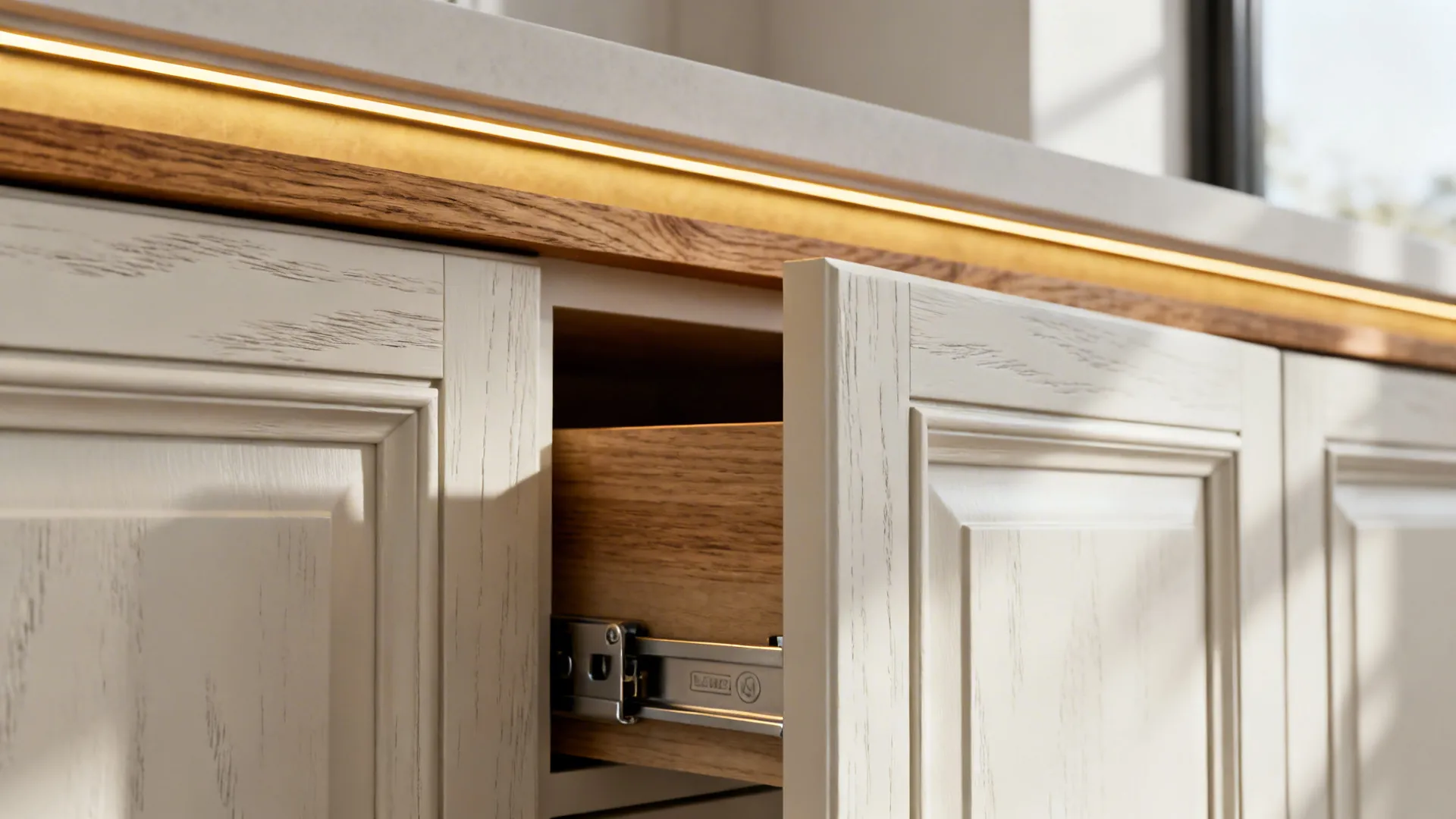 Close-up of painted MDF shaker door, oak shelf edge and LED strip in built-in cabinetry.