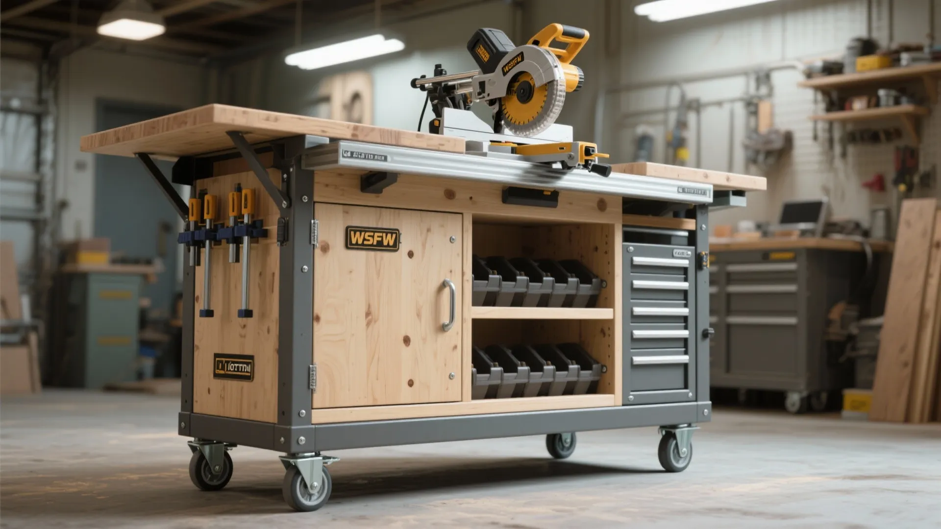 Mobile miter station combo with fold-out shelf, clamp storage, and reinforced base on heavy-duty casters.