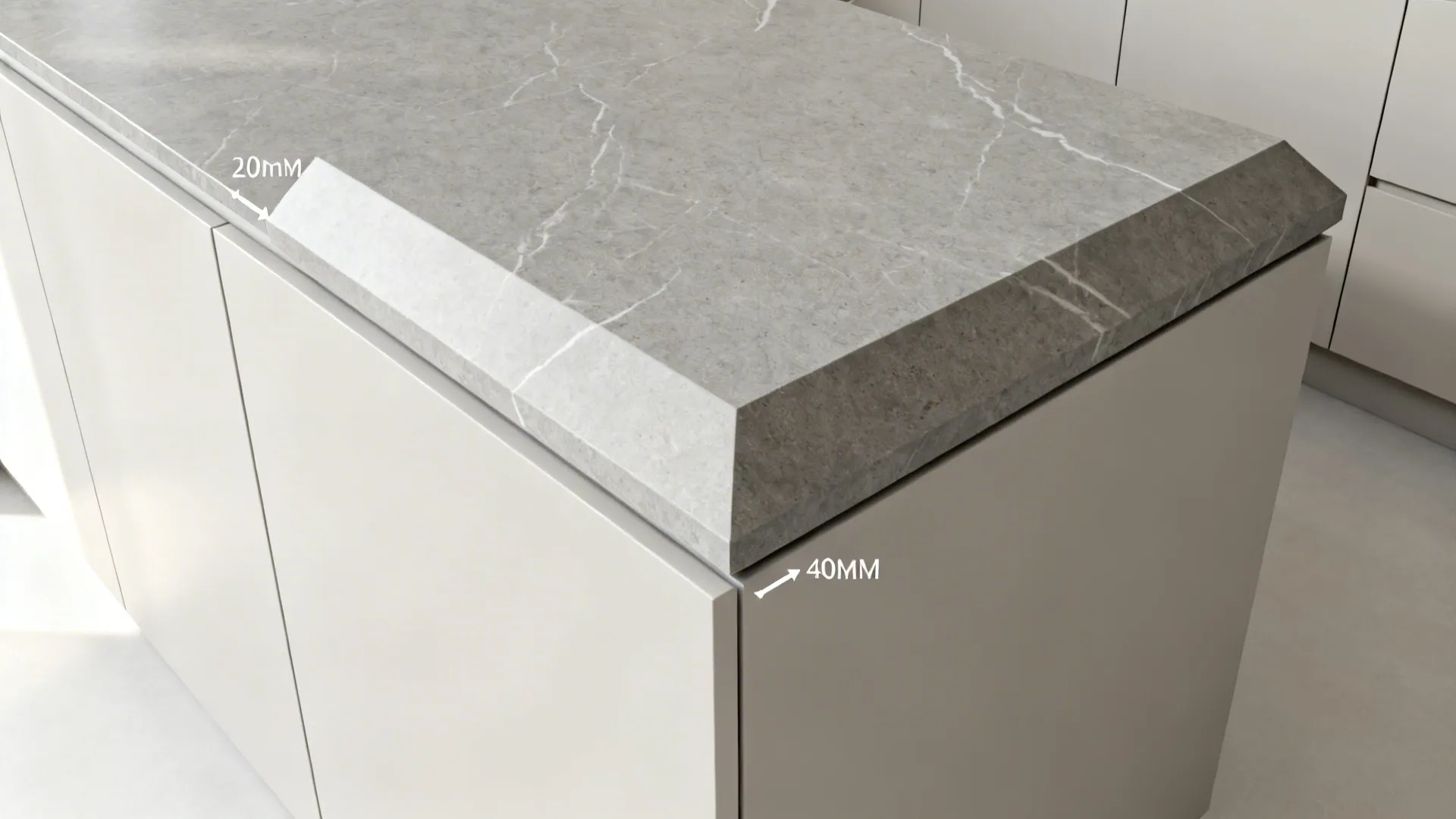 Top-down view showing a 20mm quartz top with a 40mm mitered front edge for a thick-look profile.