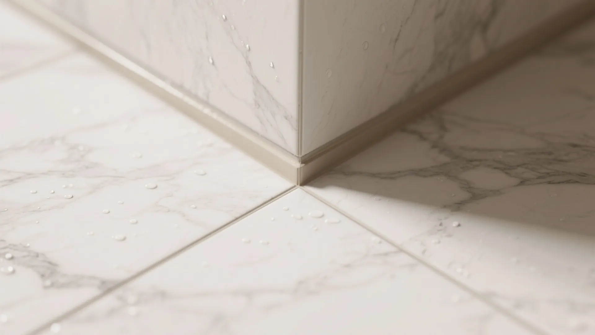 Close up view of white marble floor tiles with waterproof corner trim in a bathroom