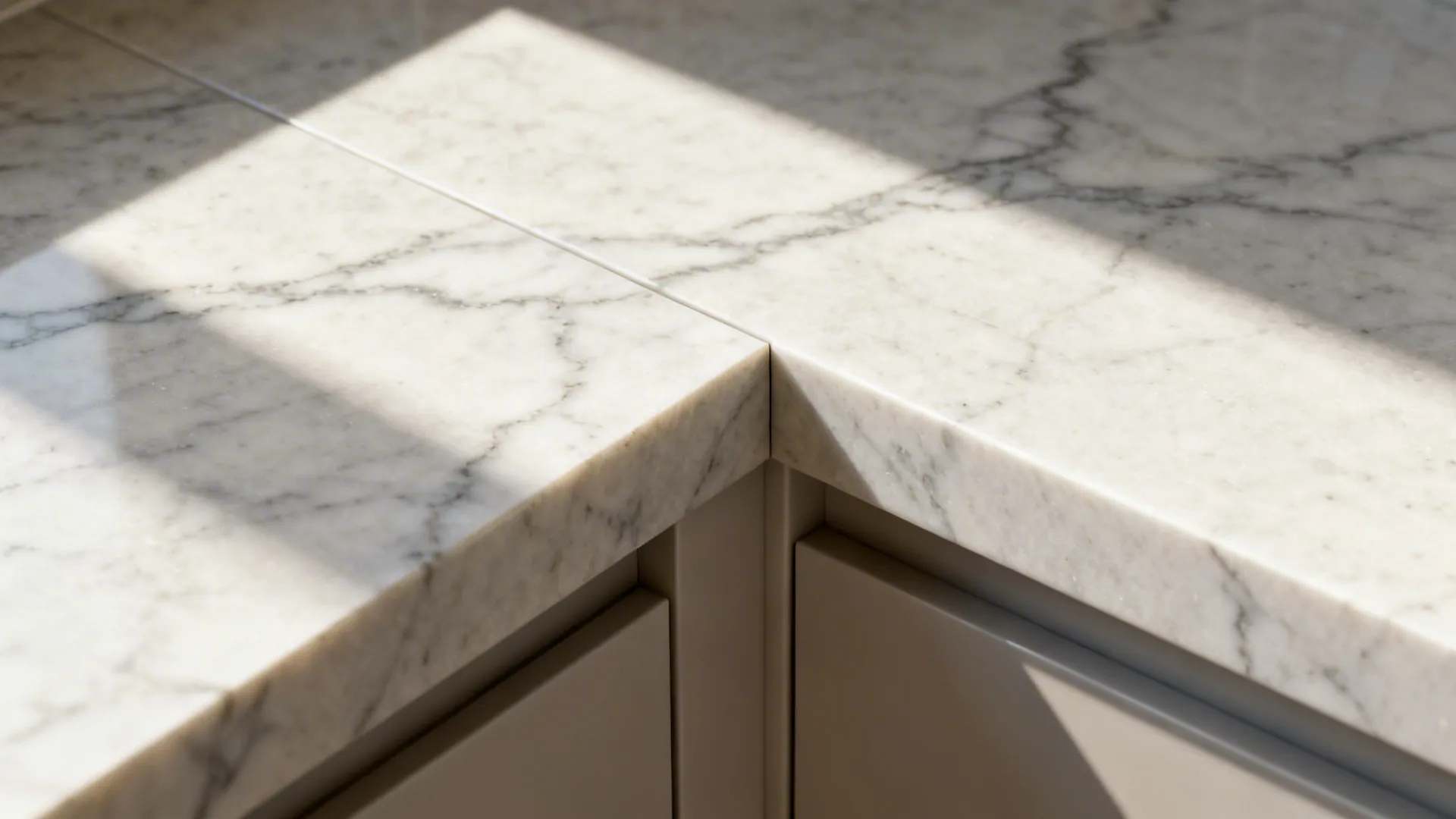 Macro of a mitered honed quartz joint wrapping from backsplash to cabinet end panel.