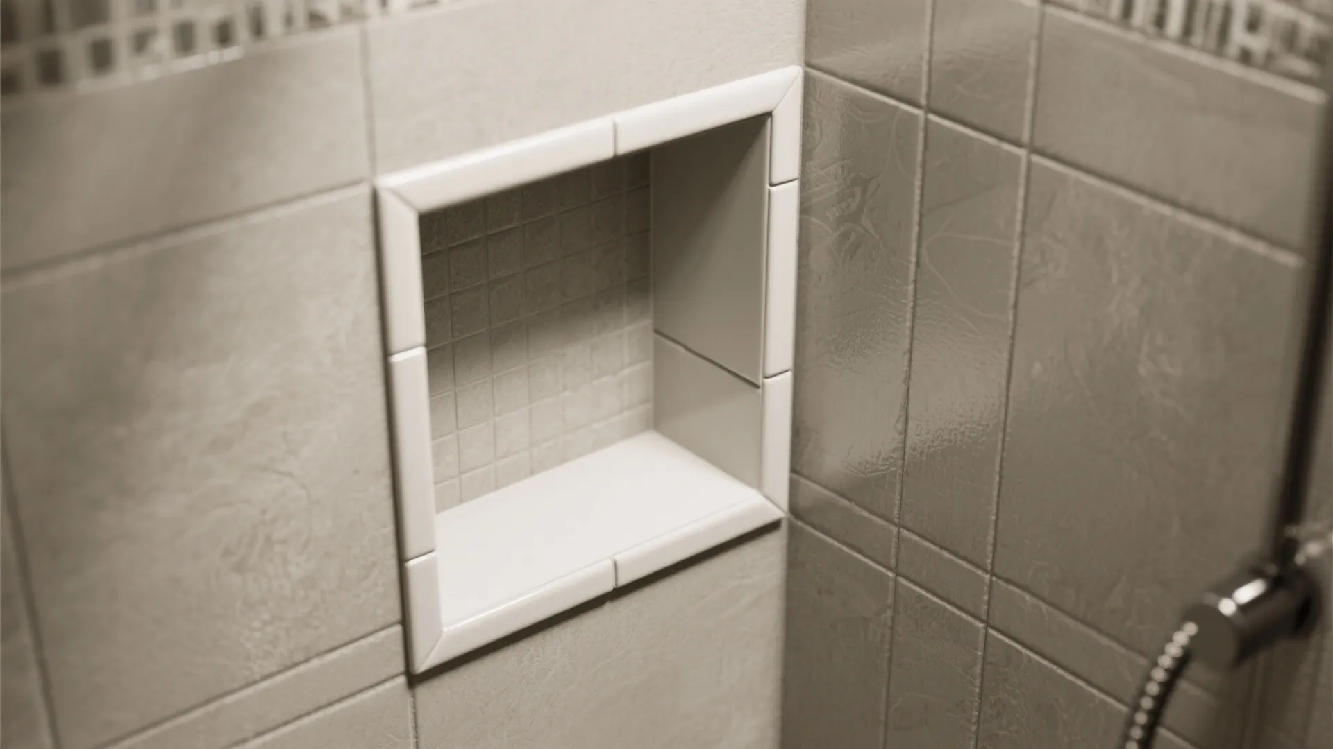 Close up of a square wall shelf built into tiles with clean white finished edge design