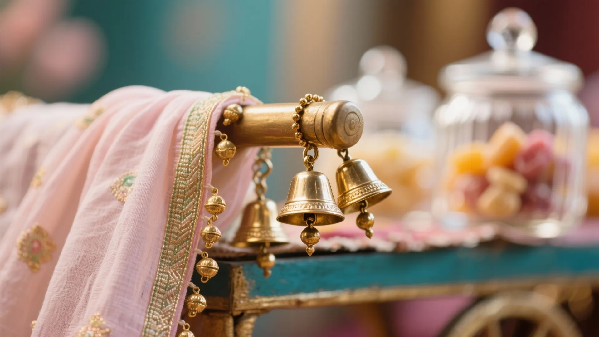 5) Sweet Corner: Mithai Cart with Pastel Fabric & Mini Bells