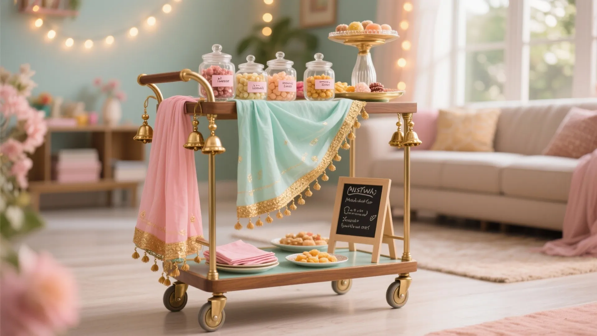Pastel serving cart with jars of sweets and fabric in a bright sunny living room