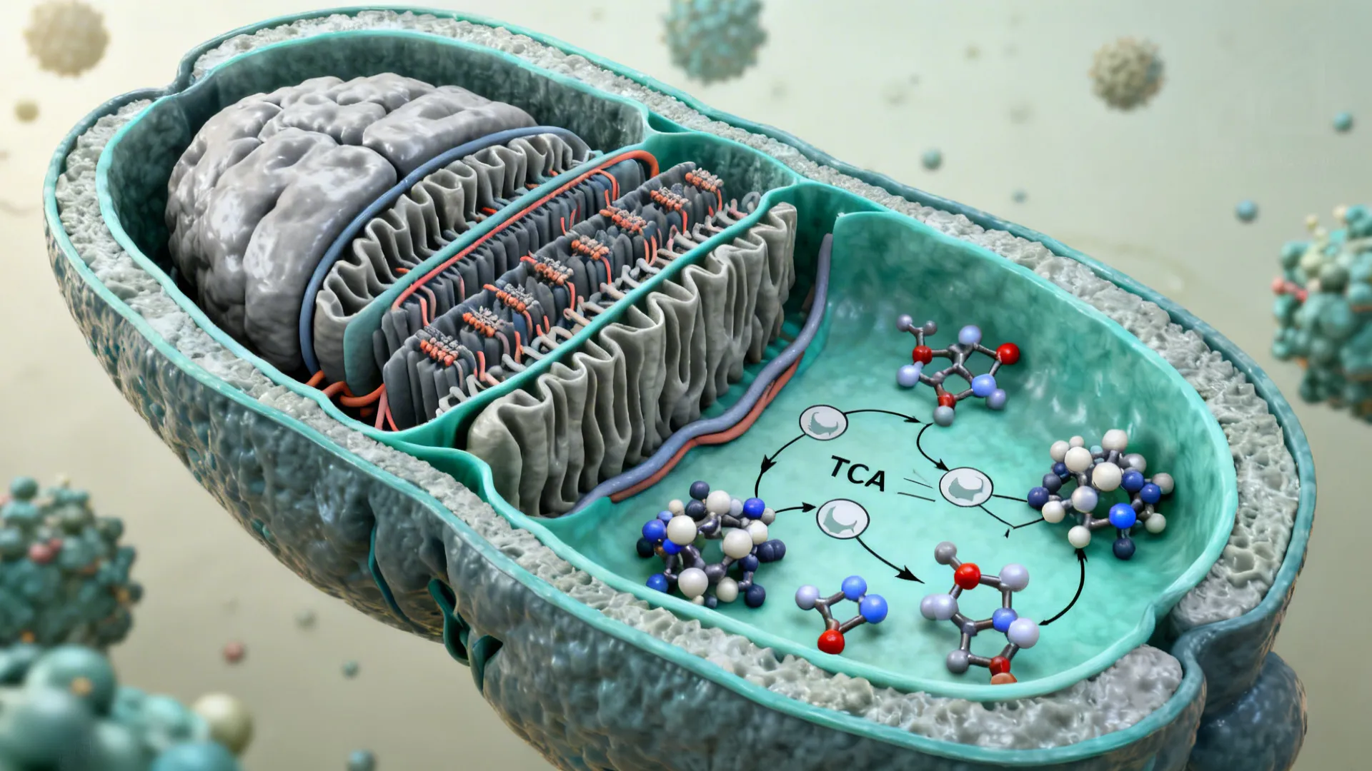 Cutaway mitochondrion with detailed cristae and matrix illustrating ATP generation processes.