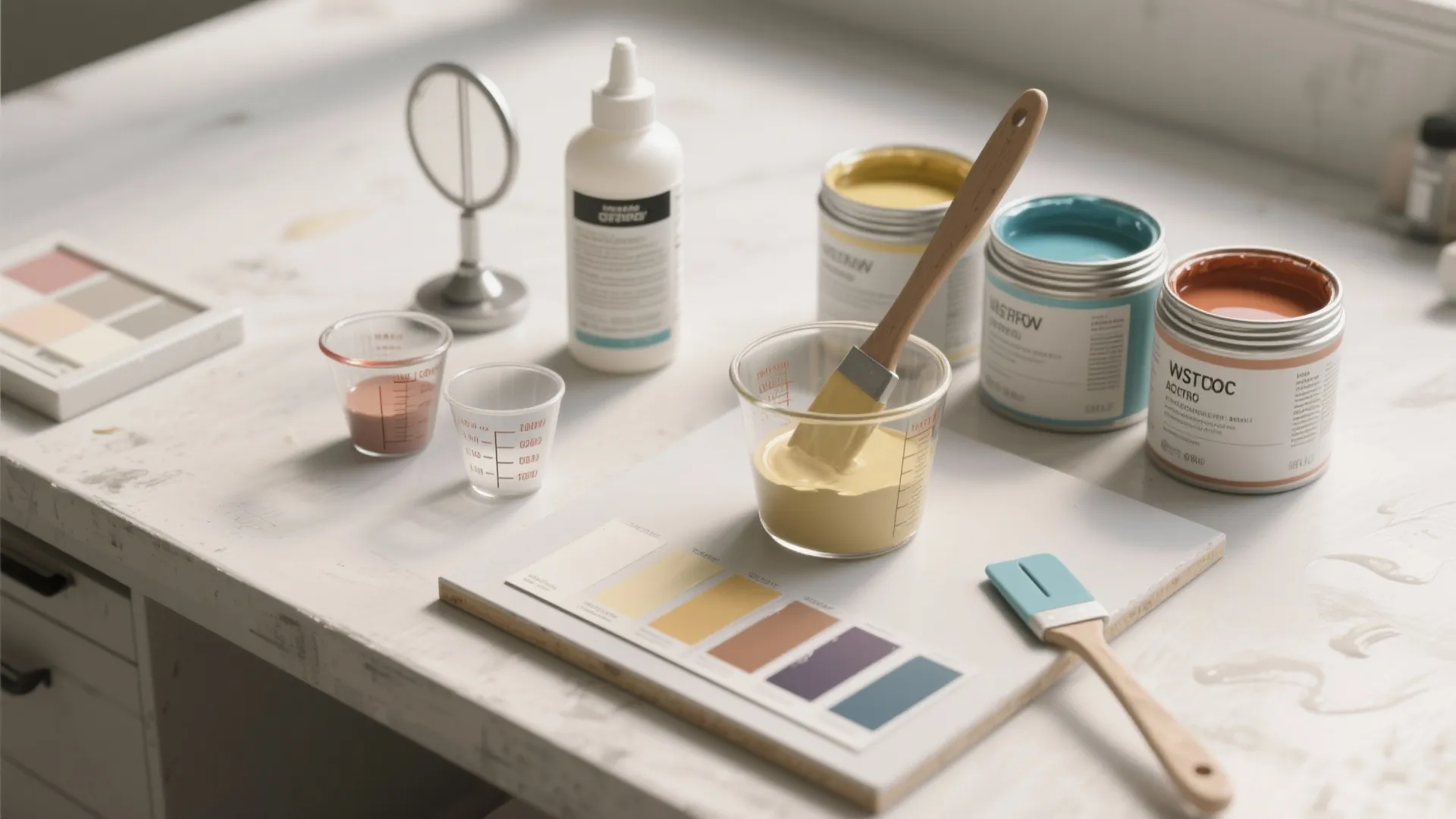 Top-down view of mixing paint conditioner and additives into flat acrylic paint with test swatches on a panel.