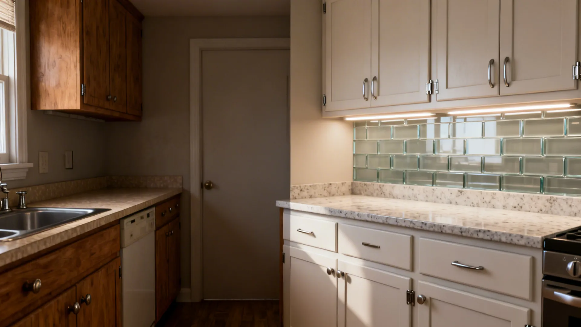 Before-and-after small kitchen showing quartz counters, stock cabinets, and LED task lighting upgrade.