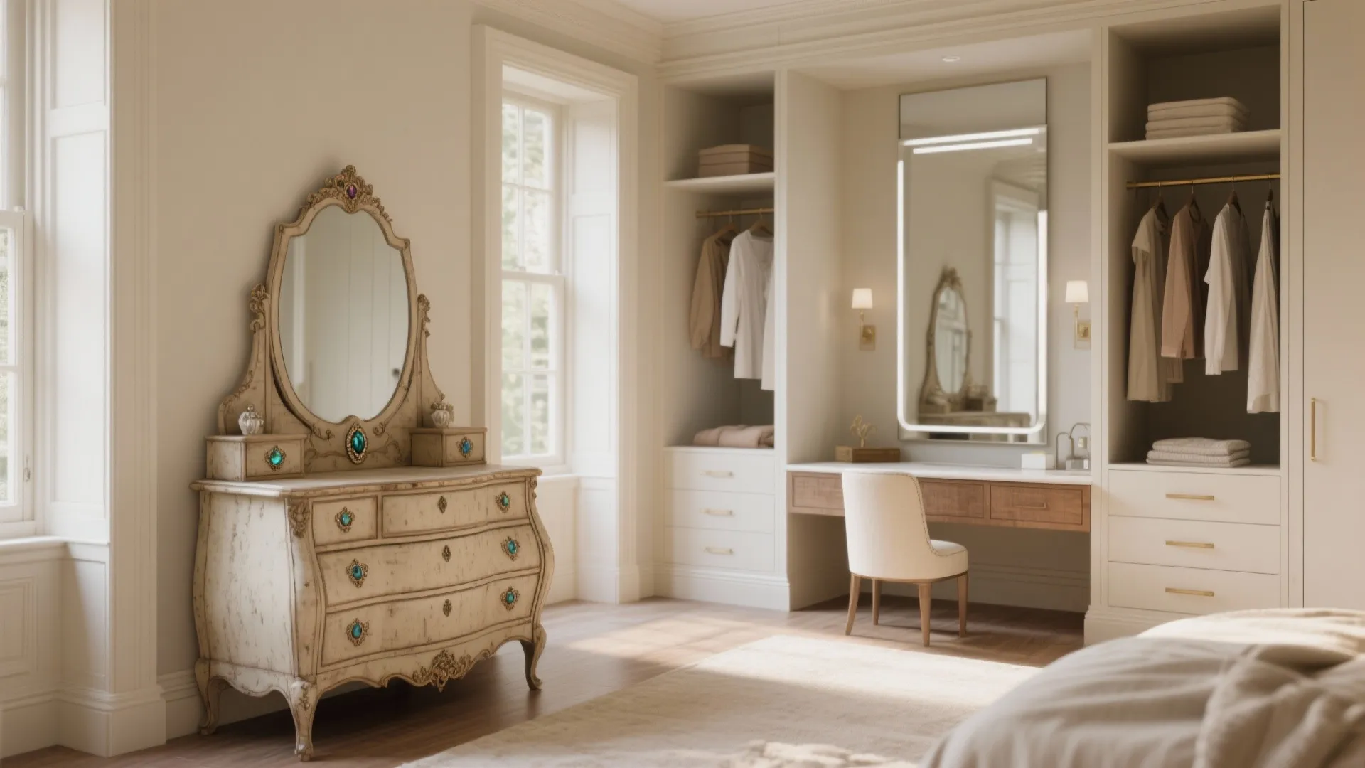 Vintage wooden cabinet with mirror next to modern white built-in closet and a small vanity chair
