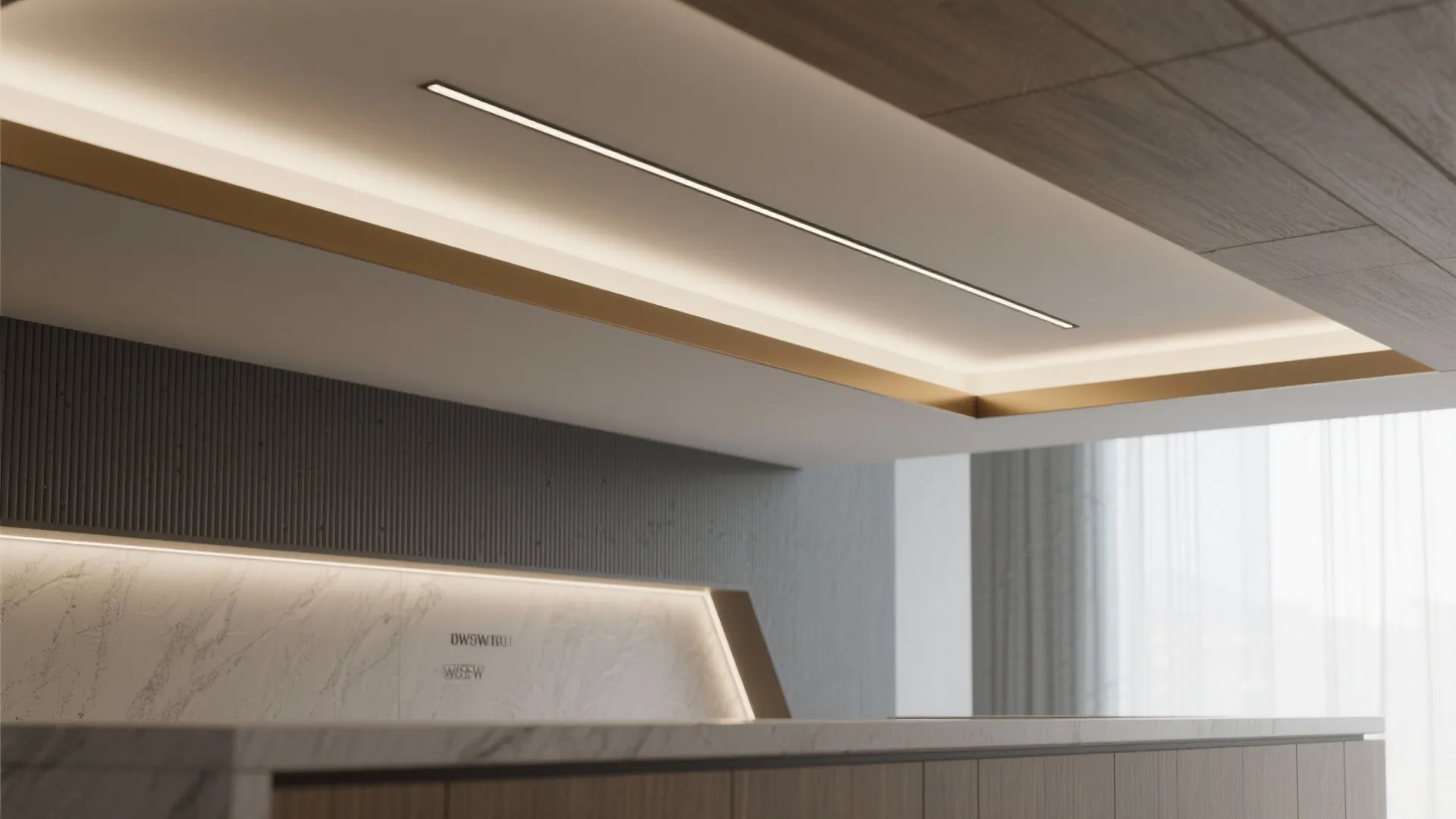 Close up view of modern ceiling light strip and hidden lighting in a stylish room