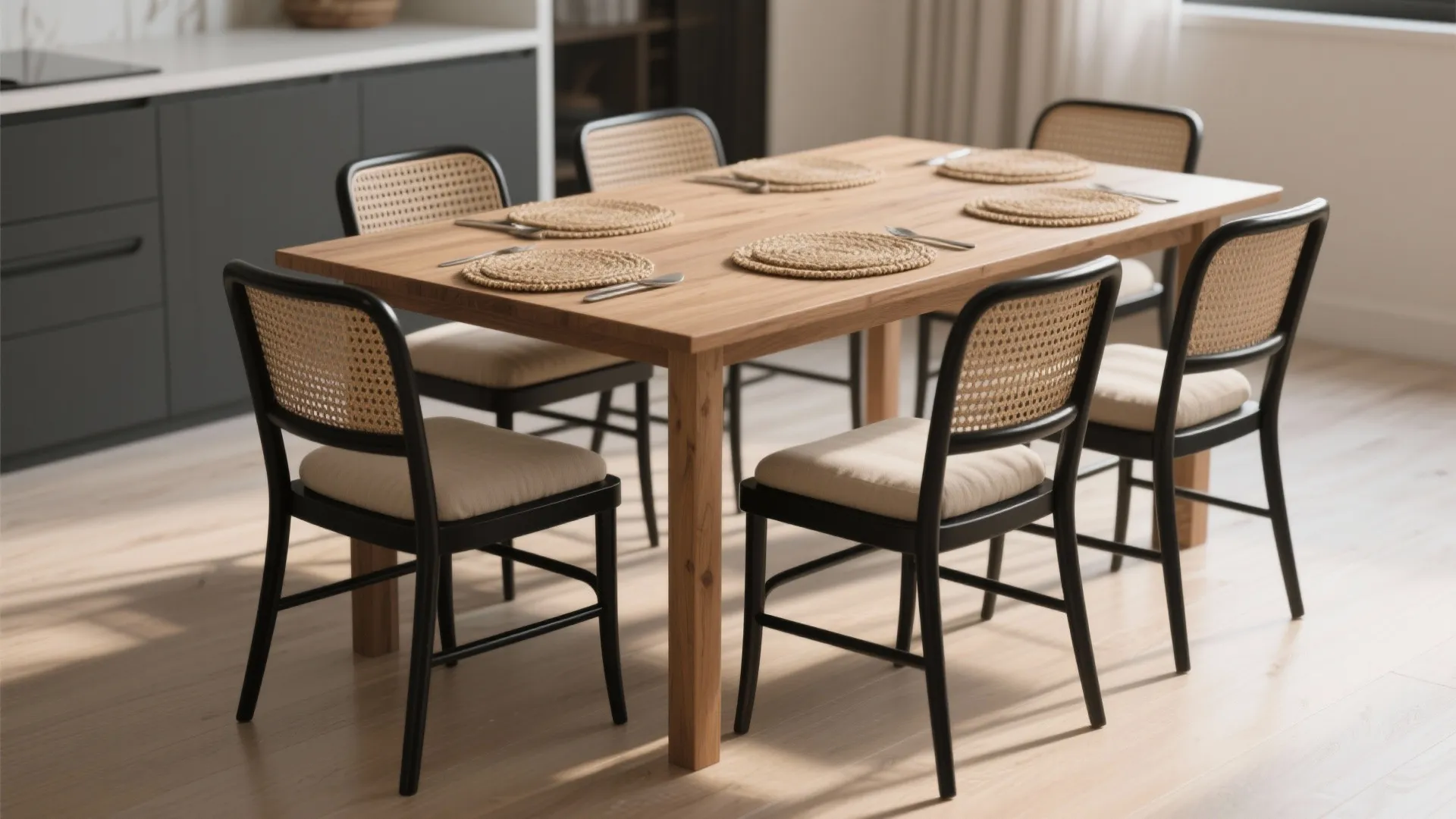 1. Mix black wicker with warm wood