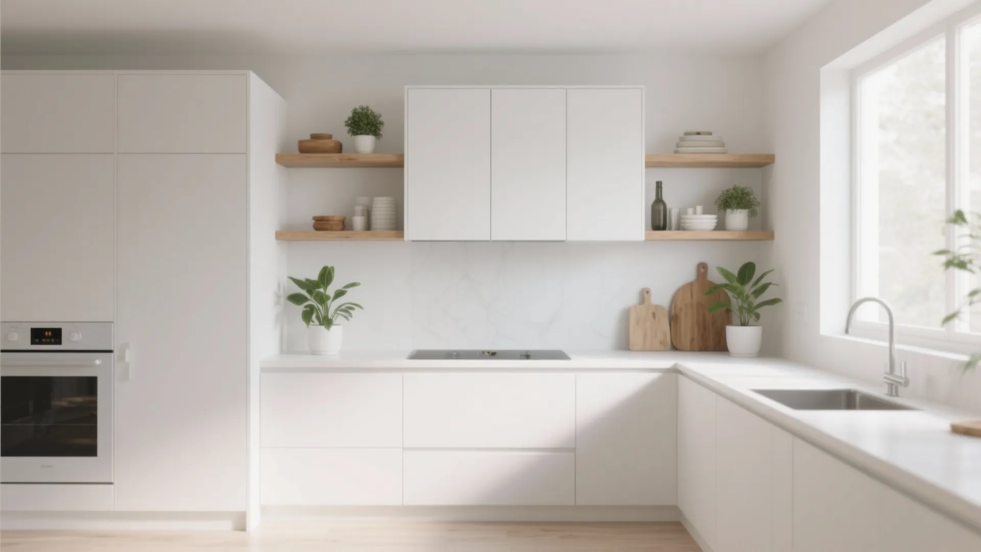 Minimalist white kitchen pairing closed upper cabinets with open floating shelves and wood accents.