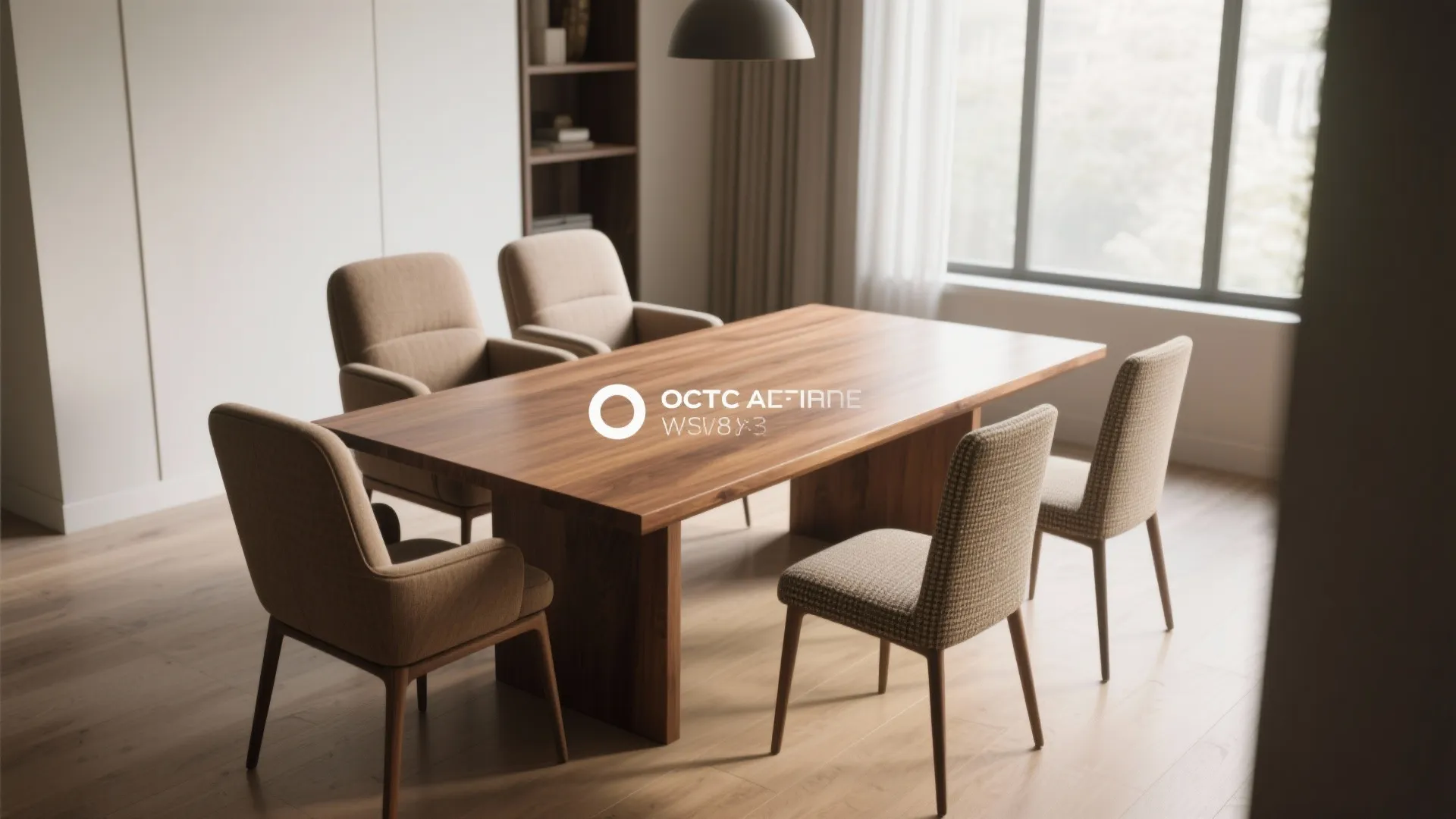 Wooden dining table with four different chairs placed on a wood floor near a window