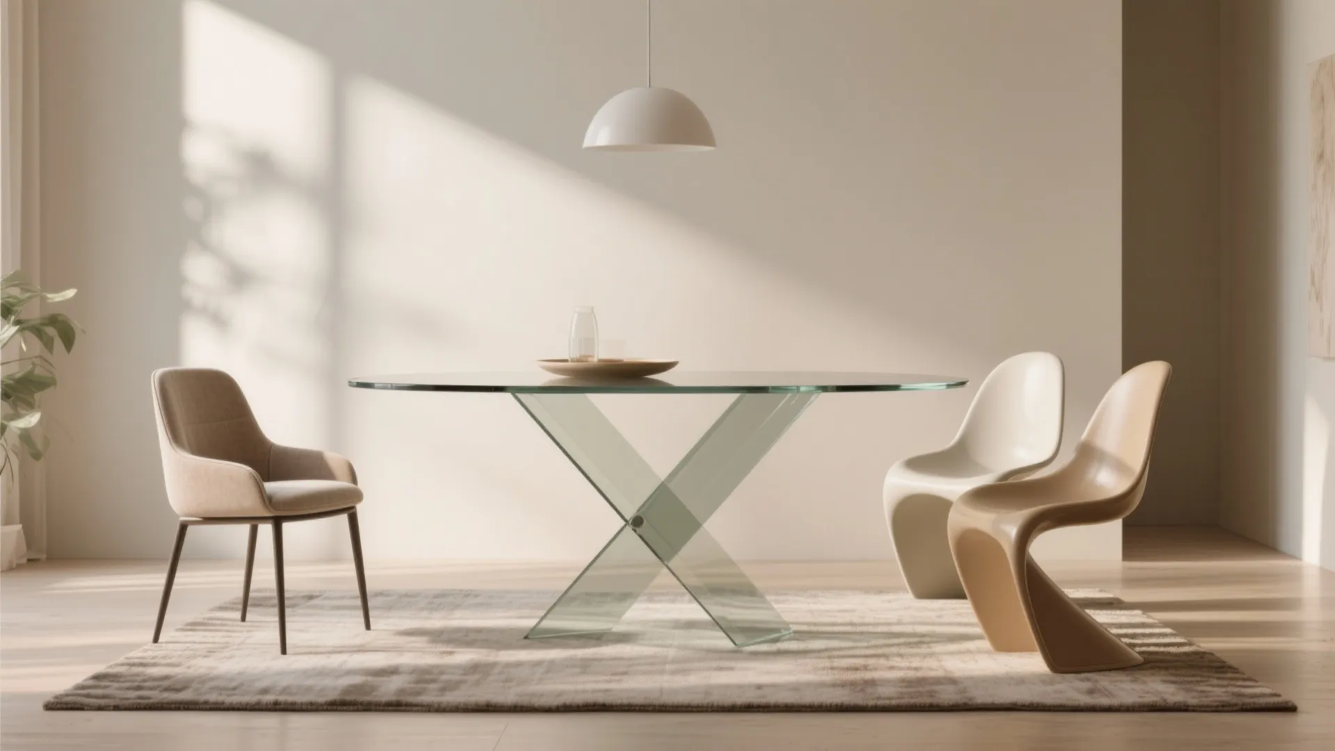 Modern dining room with glass table three different beige chairs rug and white ceiling light