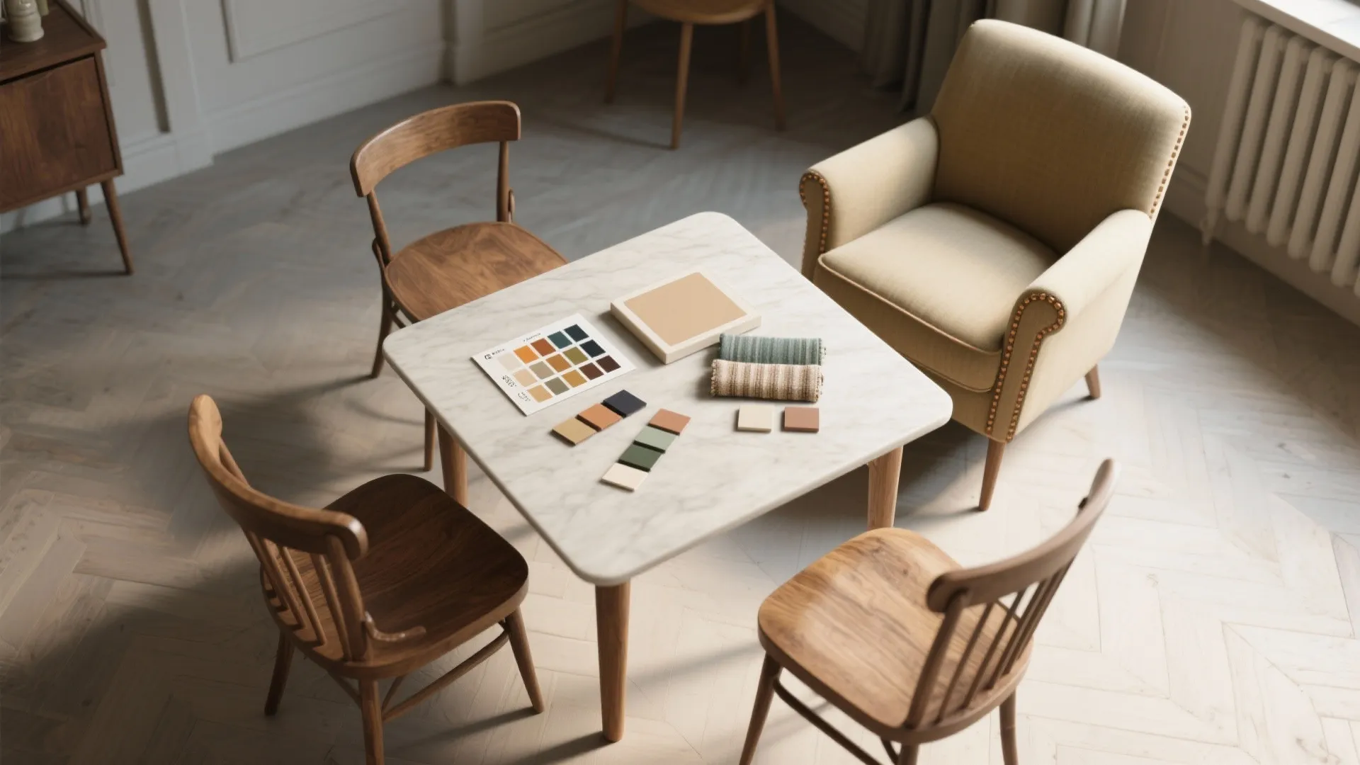 Marble table with color samples surrounded by three wooden chairs and one yellow soft armchair