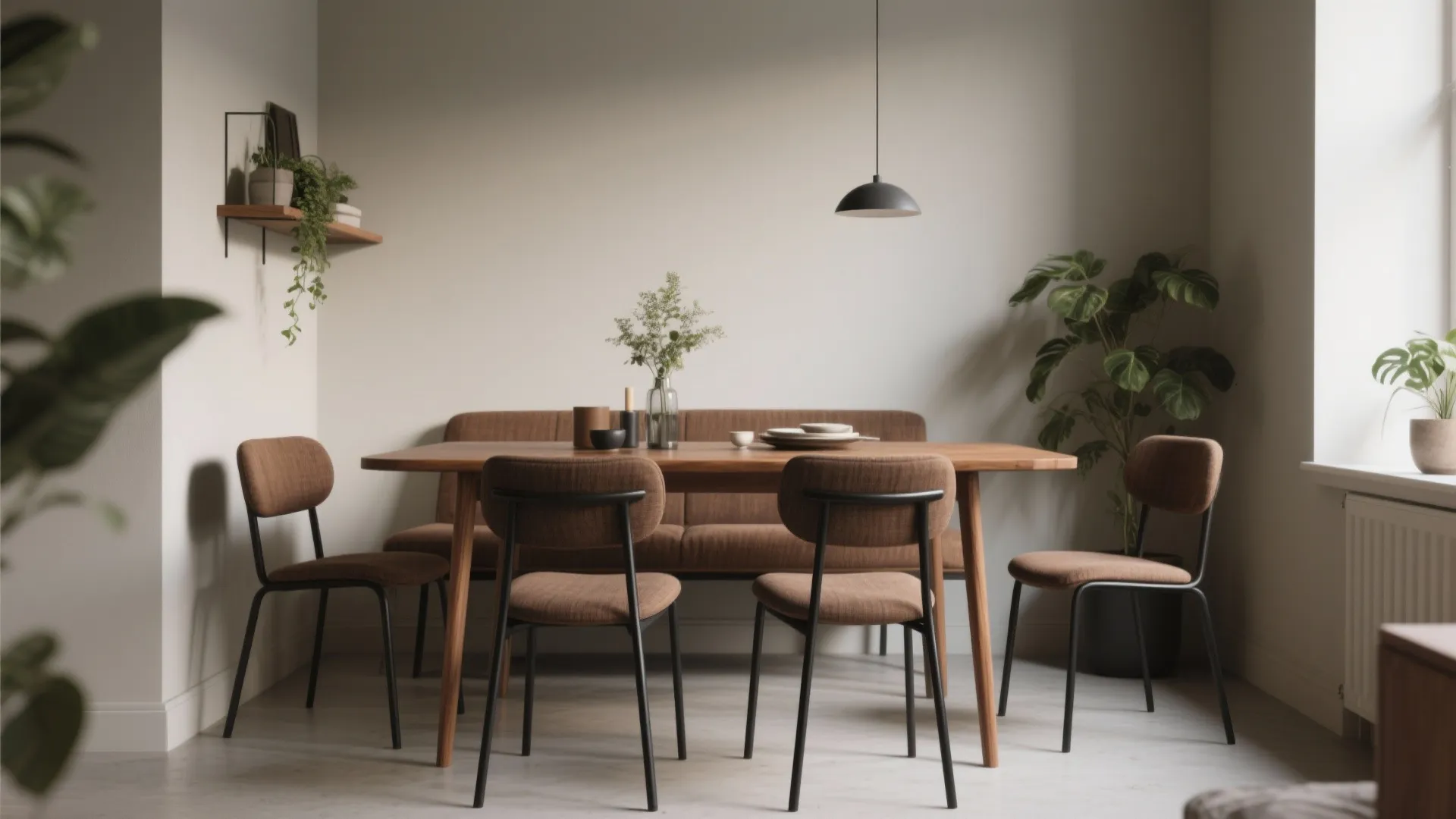 Modern dining room featuring wooden table brown sofa bench matching chairs black ceiling light plants