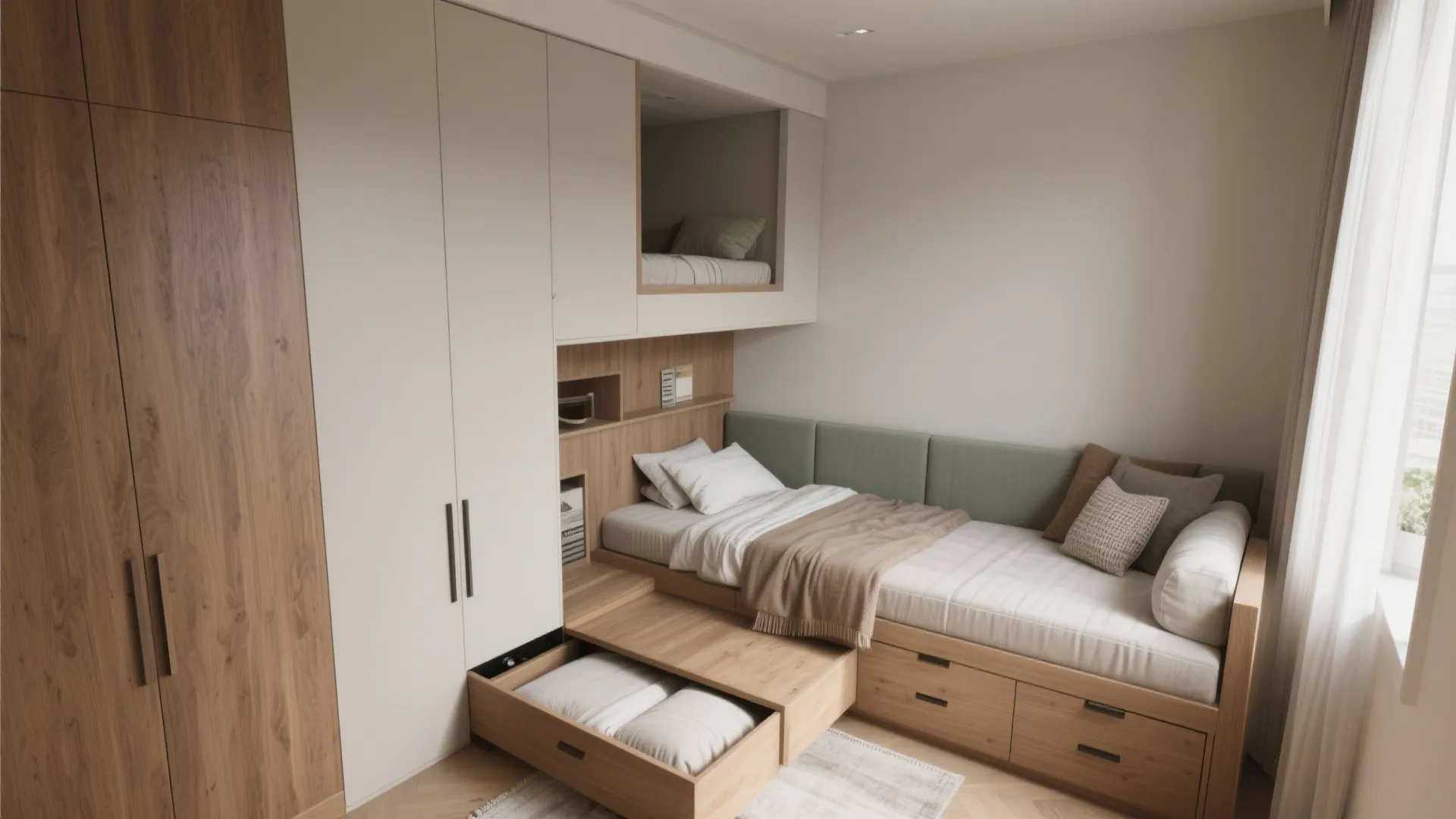 Small bedroom featuring wood daybed with pull out drawers and built in white storage cabinets