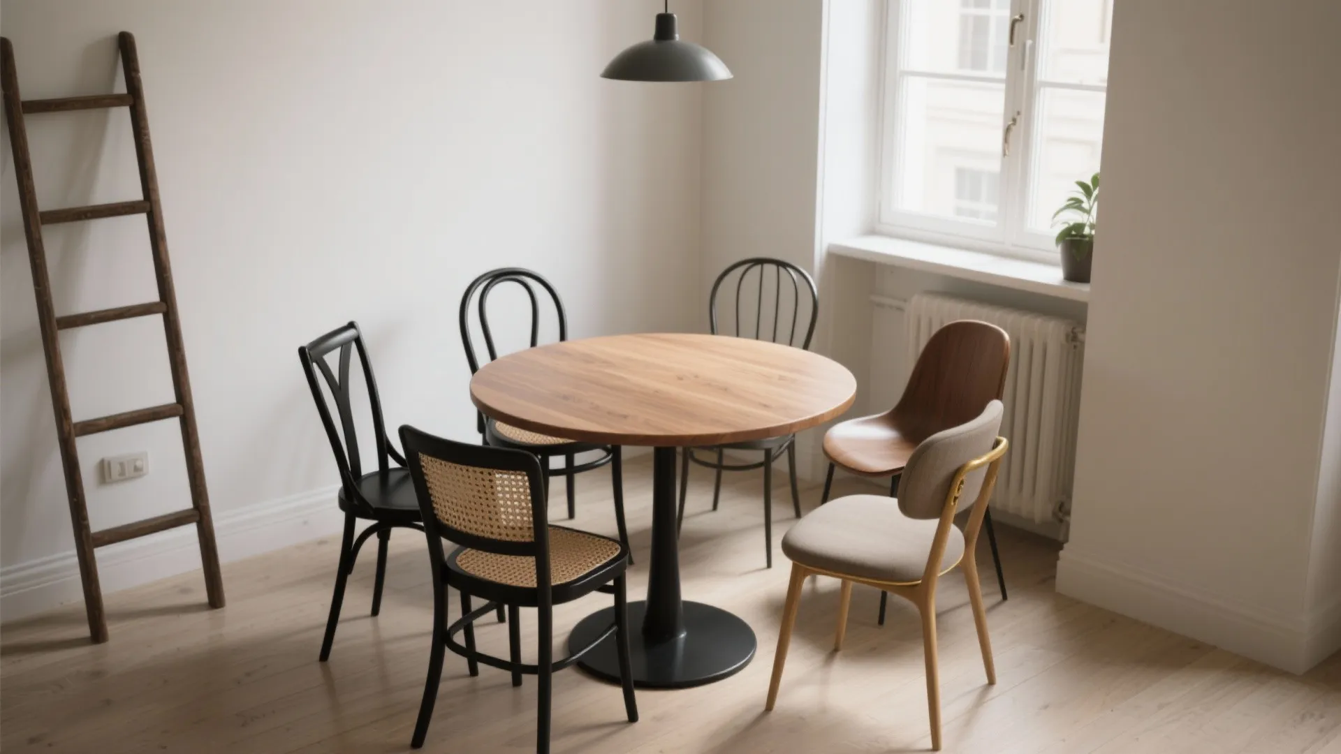 Round wooden dining table with various mismatched chairs in a bright room with a ladder