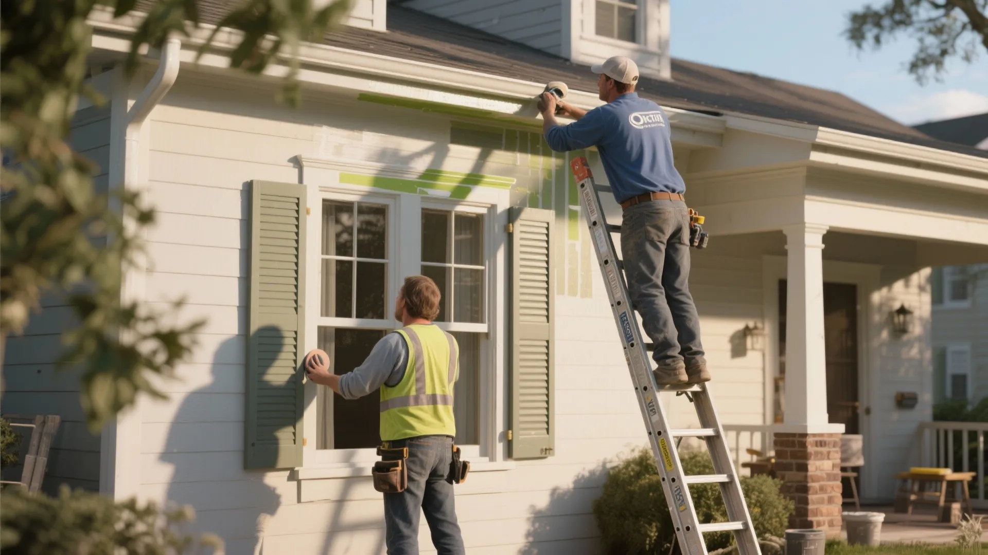 Homeowner and professional painter working together on exterior trim and shutters